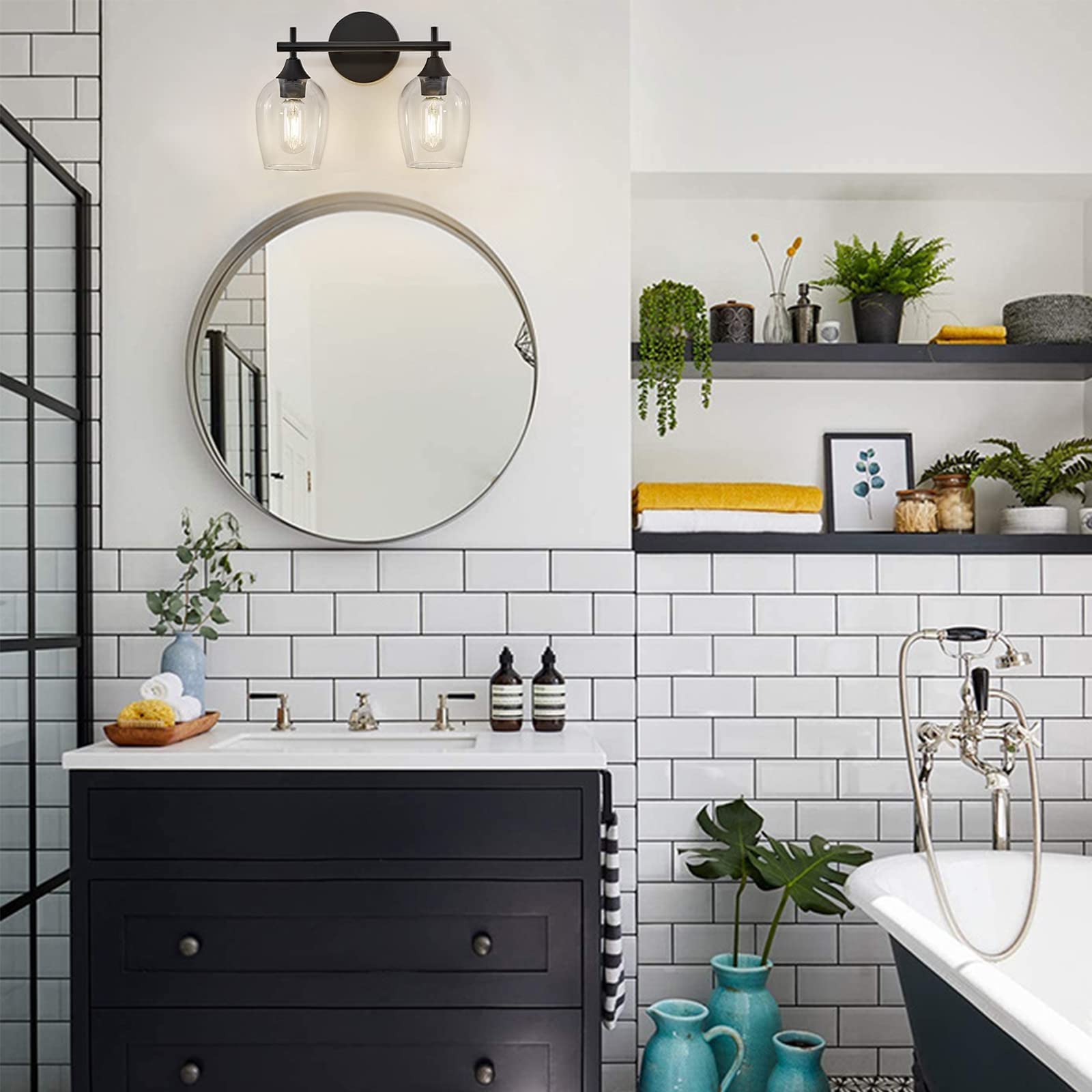 Black Vanity Lights for Bathroom,2-Light Farmhouse Bathroom Light Fixtures with Clear Glass Shade,Vintage Indoor Wall Lighting (Black, 2-Light)