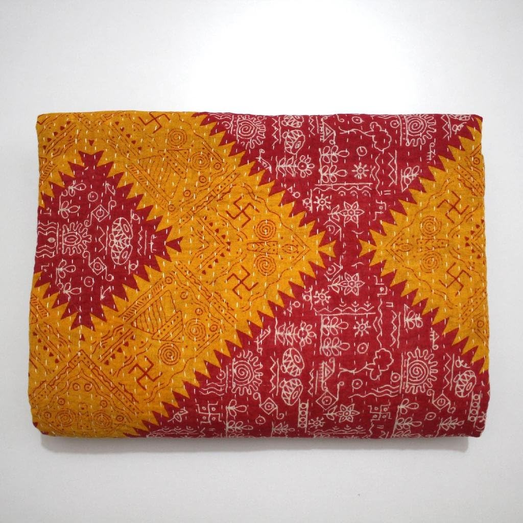 Vintage Throw Kantha Quilt Indian Handmade Bohemian Bedspread Reversible Cotton Ethnic Sari Fabric Embroidered Bedding Blanket Gudari