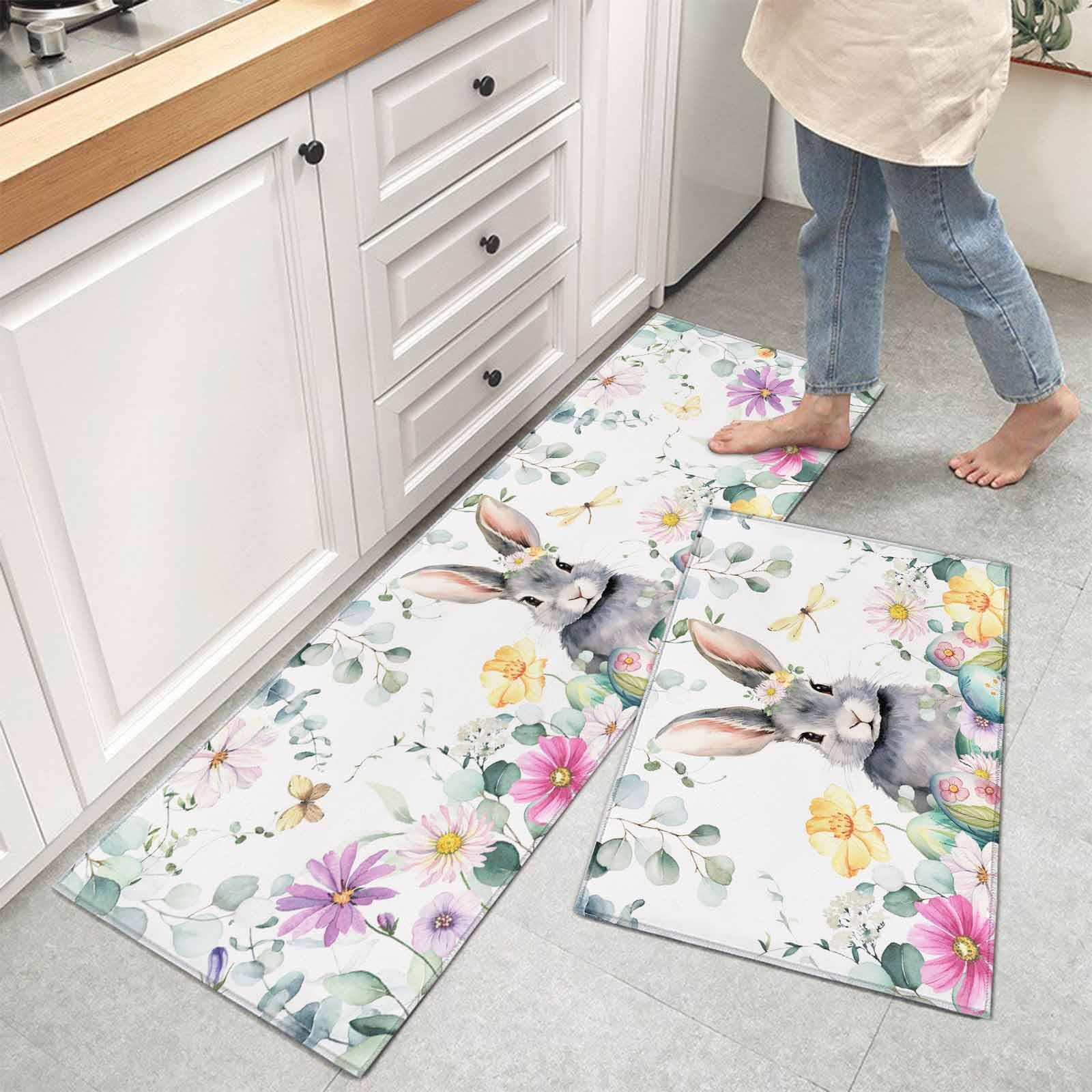 Kitchen Rugs and Mats Set,Spring Easter Eggs Cute Bunny Comfort Area Runner Rug 2 PCS,Non-Slip Absorbent Floor Doormat Washable Standing Carpet for Kitchen Sink Home Decor Watercolor Flower Leaves