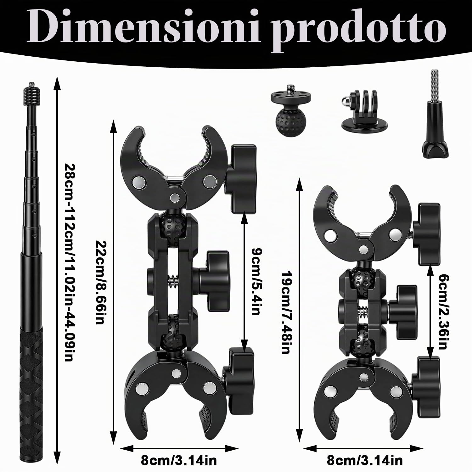 Supporto per fotocamera da moto, Supporto Morsetto per Fotocamera con bastone per selfie da 120 cm, Motociclo per Fotocamera Action Camera Manubrio, supporto per manubrio bicicletta Insta360 X4 X3 X2