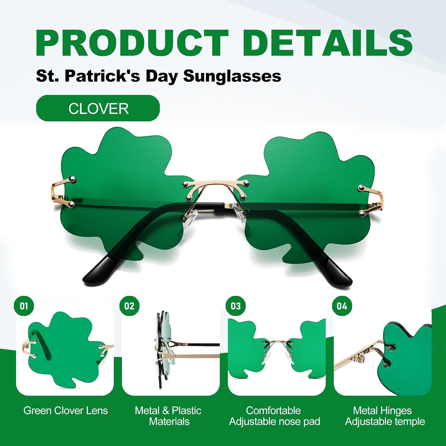 St. Patrick's Day Shamrock Sunglasses Green Four Leaf Clover Rimless Leprechaun Costume Glasses Irish Party Decoration 2pack PT0317 (Four-Leaf Clover+Shamrock)