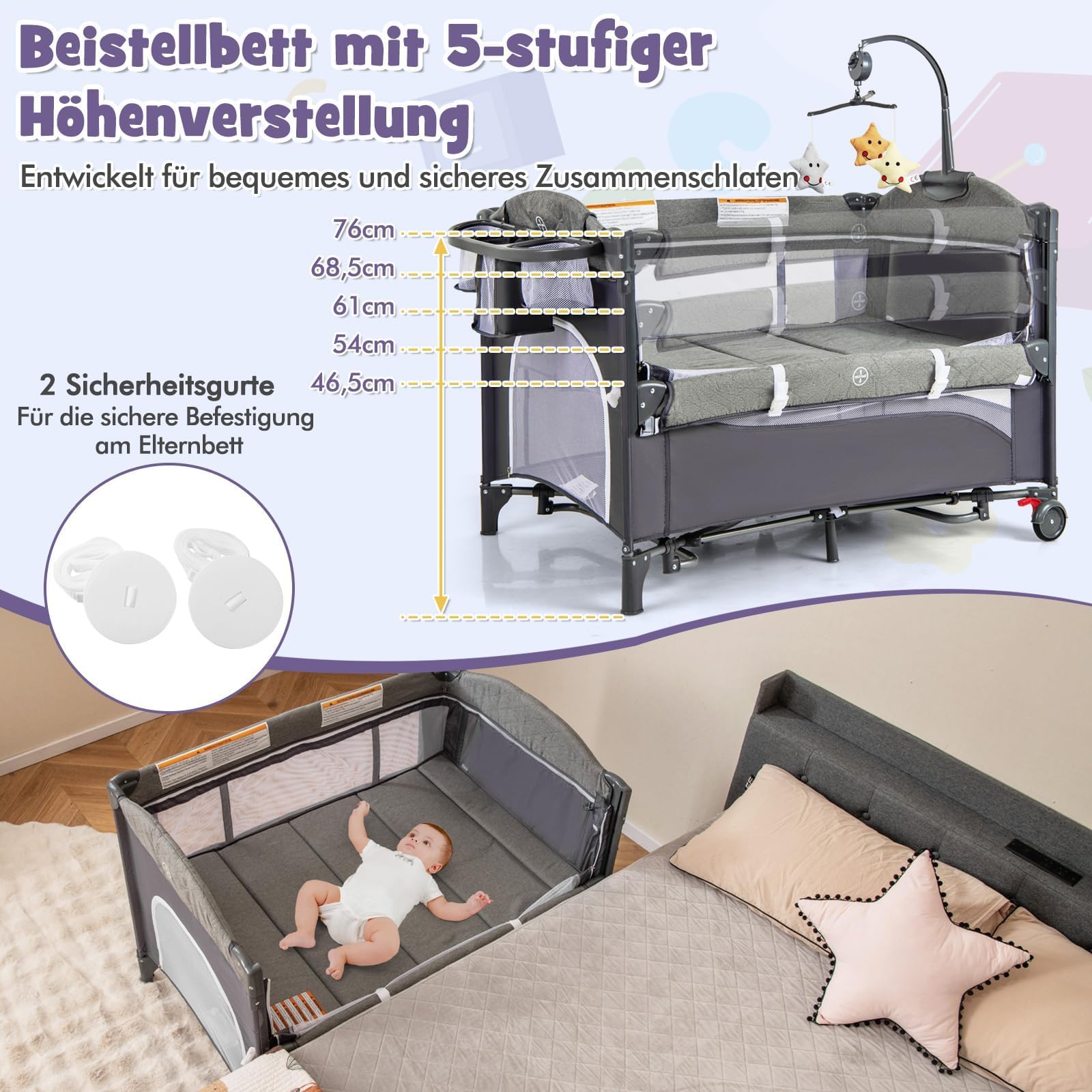 FANTASK 5 in 1 Beistellbett, Babybett höhenverstellbar mit Matratze & Rollen, Reisebett Baby mit Wickeltisch, Hängespielzeug, Spieluhr & Sicherheitsgurt, Stubenwagen Babywiege für Kleinkinder (Blau)