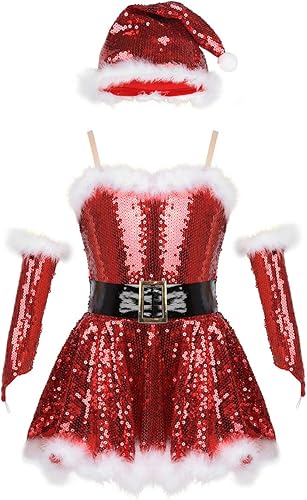 JEATHA Disfraz de Papá Noel para niñas y niñas, con lentejuelas brillantes, sin mangas, vestido de baile de Navidad con sombrero y mangas para los