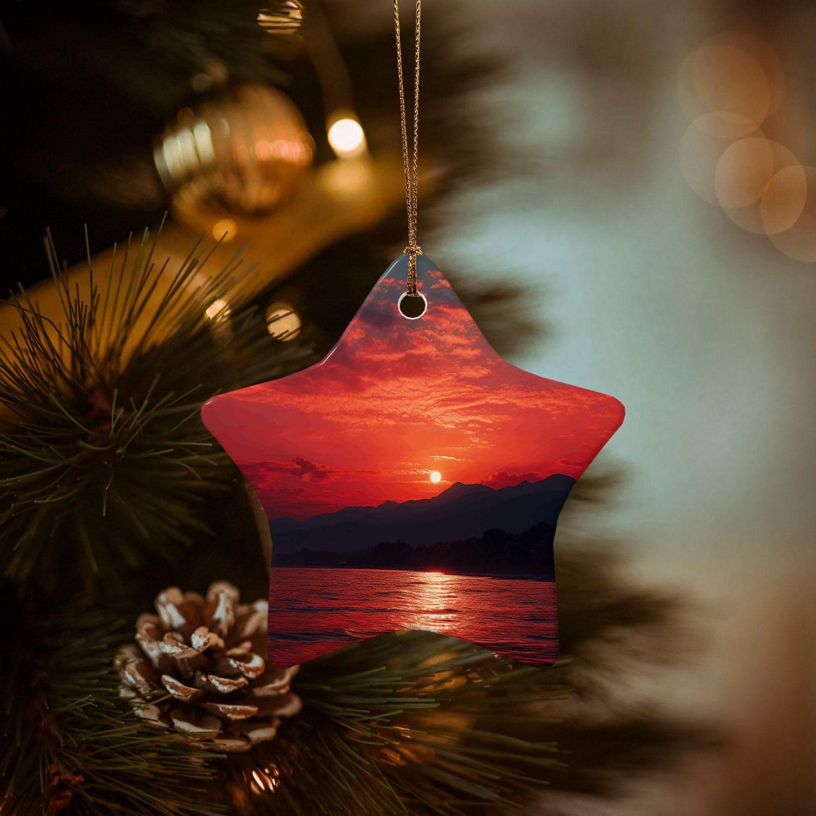 Christmas Tree Ornaments Ceramics Christmas Decorations Fiery red Sunset Ornaments with Gold Ribbon Porcelain Xmas Tree Crafts Star Shape Hanging Pendant for Christmas Tree Party Decor