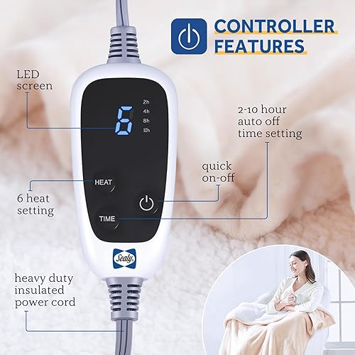 Miniatura 3 de Sealy Manta eléctrica con bolsillo para el pie para adultos, manta térmica de franela y sherpa con 6 niveles de calefacción y apagado automático de