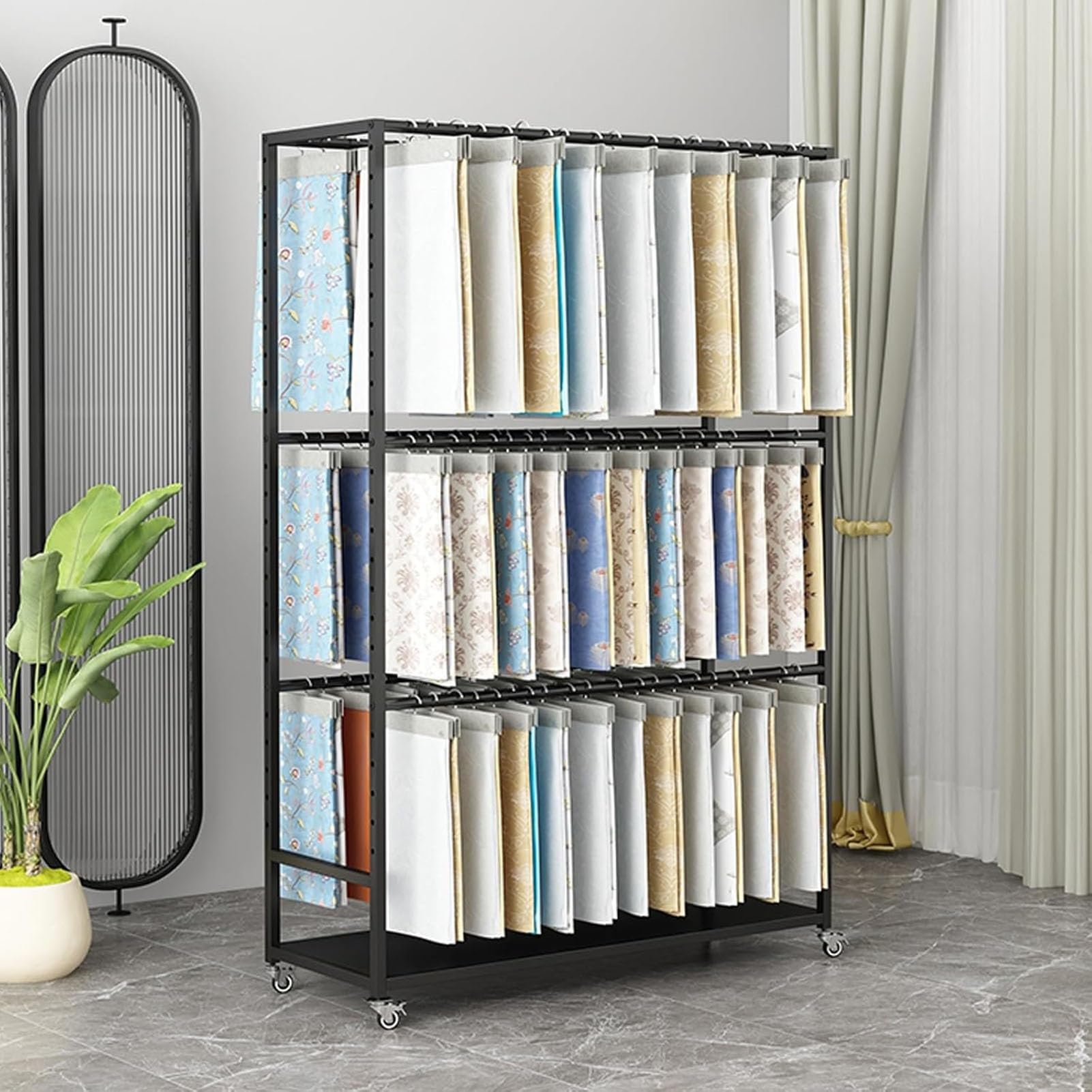 NURUGURE Fabric Display Rack Commercial Textile Sample Organizer with Wheels and Steel Frame for Clothes Scarves and Retail Showroom
