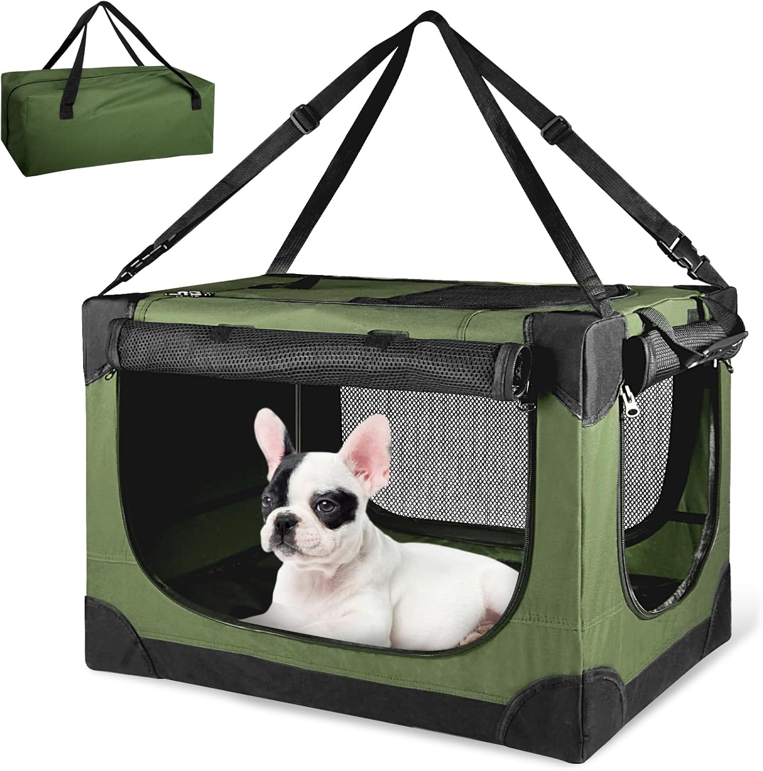 24″ Dog Transport Carrier for Small Dogs, Soft Dog Crate Collapsible Dogs Crate, Portable Travel Pet Carrier with 4 Mesh Doors, Foldable Car Kennel for Puppy with Handle for Outdoor – Green