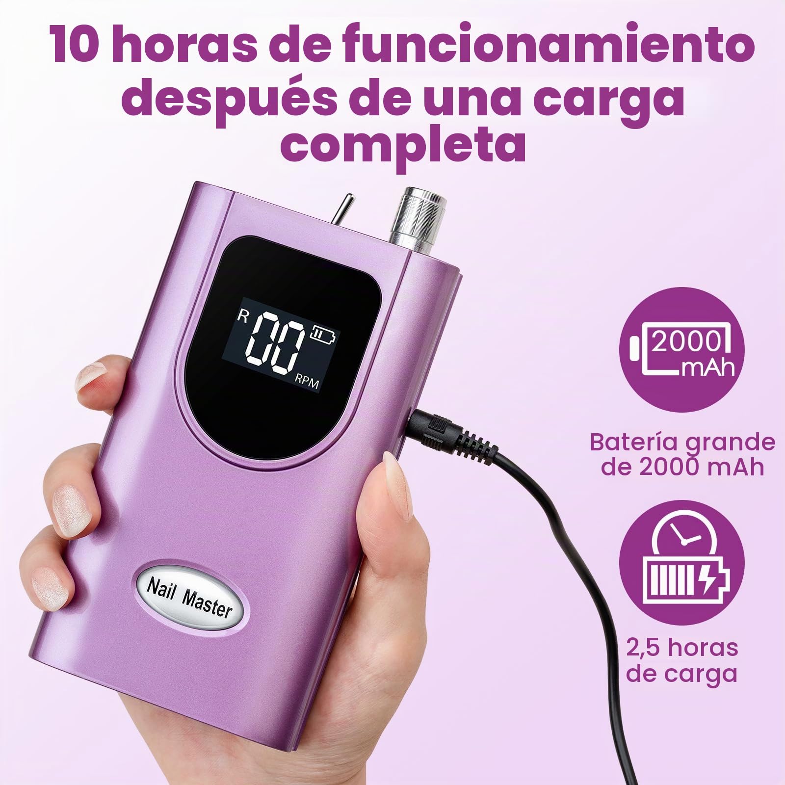 Delanie Torno para Uñas Profesional 35000rpm Portátil Recargable Inalambrico Eléctrico Acrílico de Gel Manicura y Pedicura con 6 fresas para torno manicura y Pantalla LCD