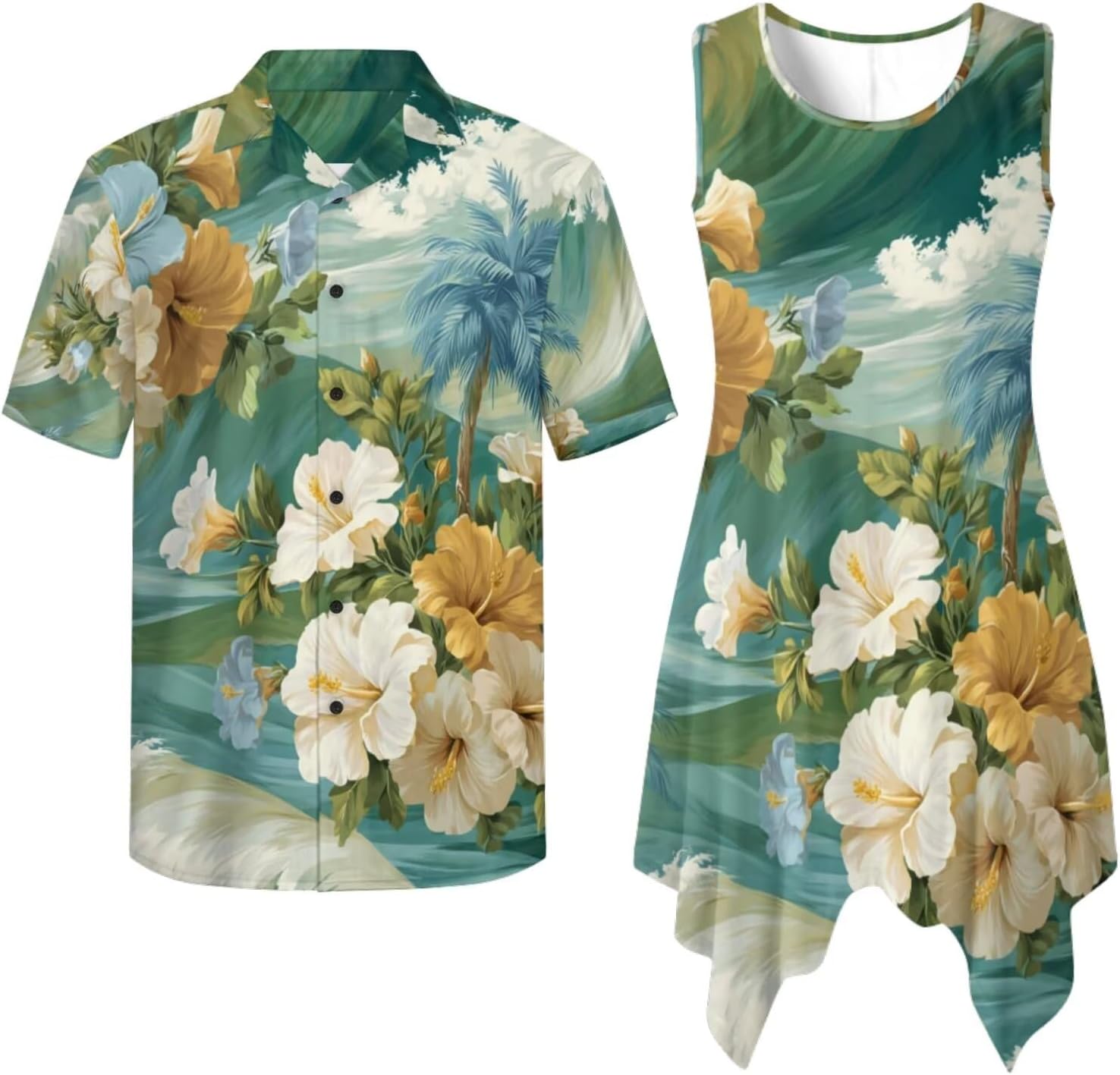 Matching Hawaiian Outfits for Couples Mens Shirt for Women Tank Dress Beach Y2K Shirts Asymmetrical Dress