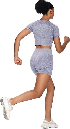 Miniatura 3 de Sytiz Conjunto de 2 piezas de yoga sin costuras para mujer, pantalones cortos de gimnasio y camiseta corta de manga corta