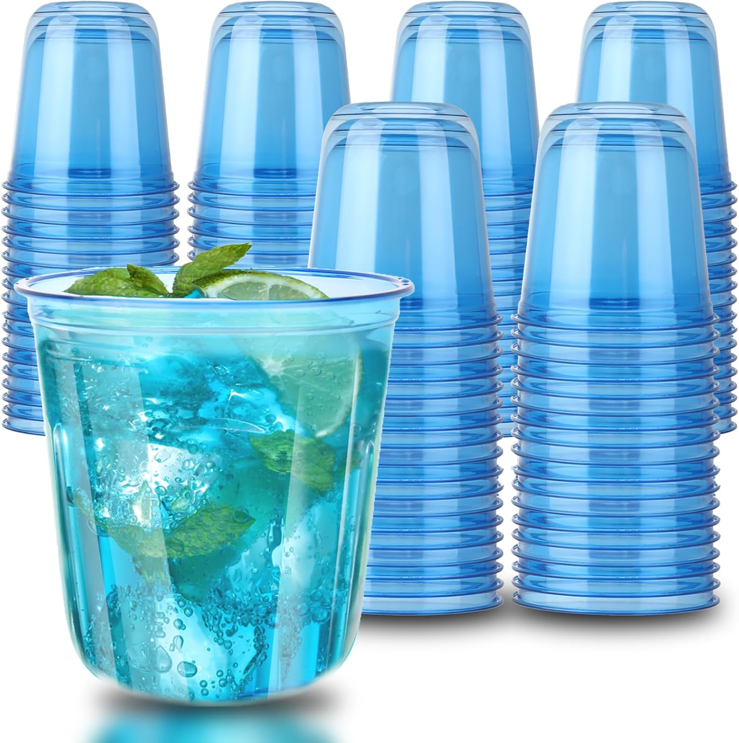 100pcs 12oz Disposable Stemless Glasses,PET Disposable Drinking Cups,Cold Party Clear Plastic Wine Glasses for Parties Birthday,Wedding,Meeting,Christmas Party Supplies. (Blue)