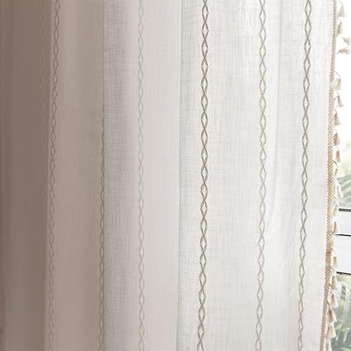Miniatura 8 de RoomTalks - Cortinas de lino con borlas, estilo moderno, francés, bohemio y elegante, a rayas, blancas, filtración de luz, para dormitorio y sala de
