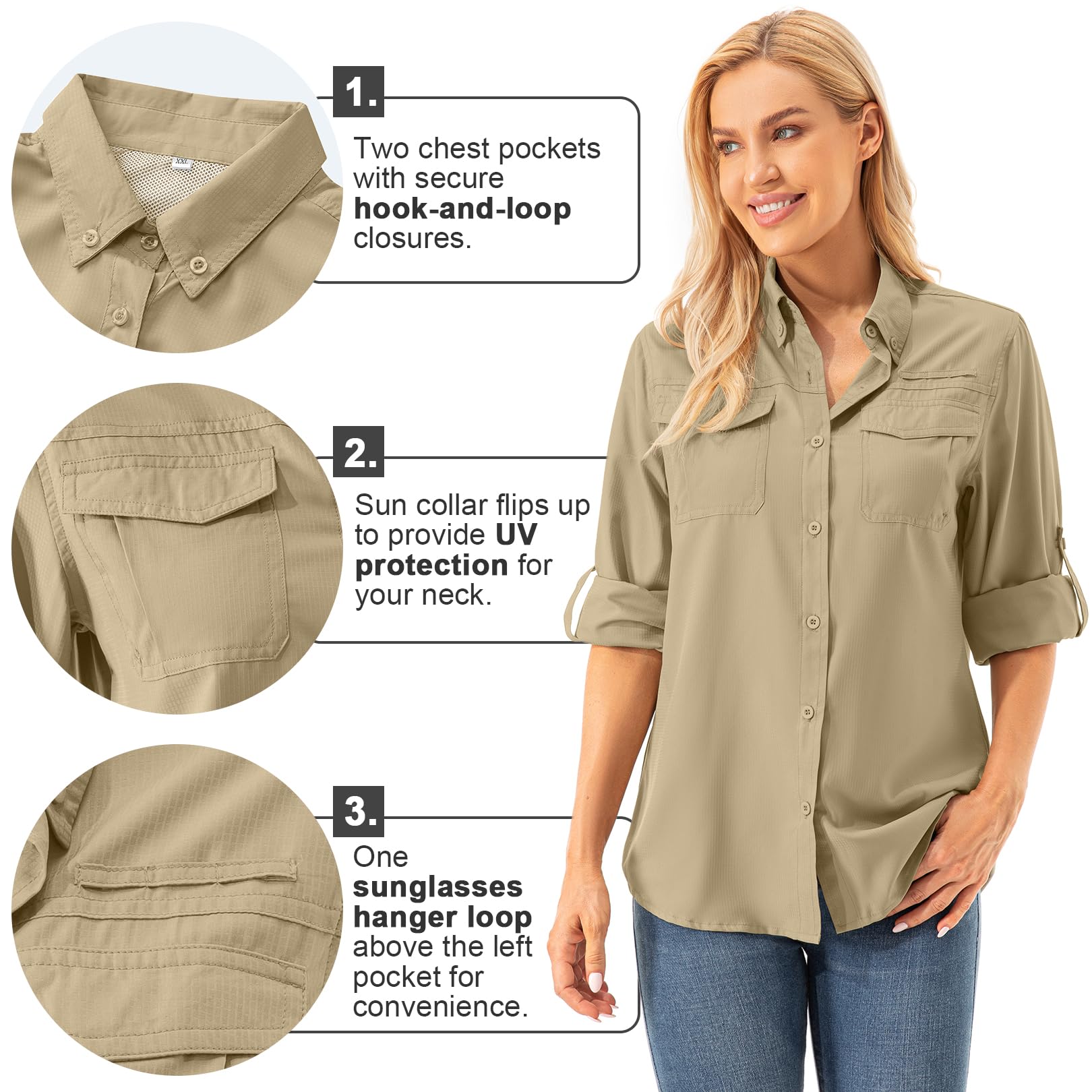 Asfixiado Camicetta da donna UV UPF 50+ Safari Abbigliamento Camicetta da trekking da donna Outdoor Cooling Quick Dry Protezione solare a maniche lunghe
