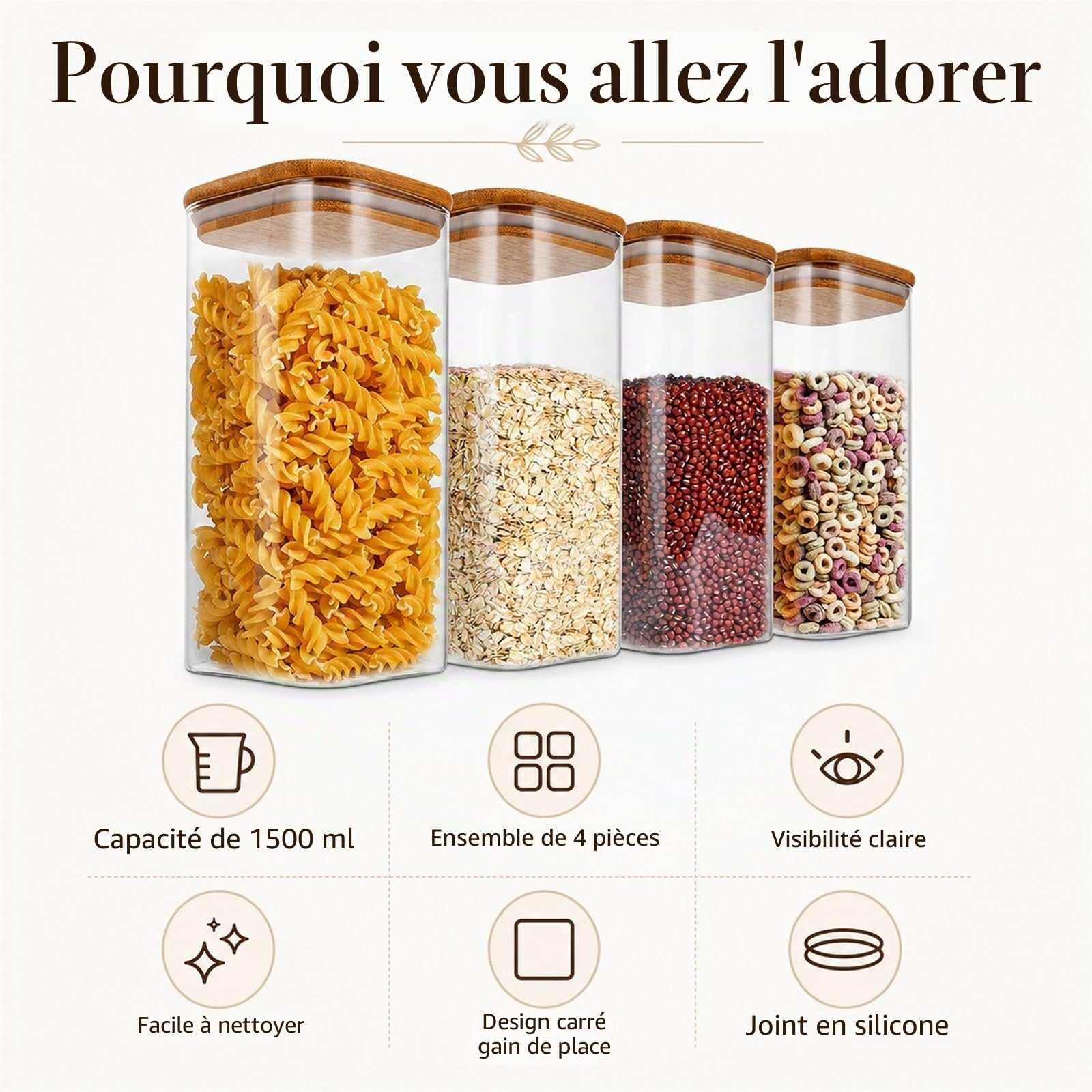 WOPPLXY Lot de 4 Bocaux en Verre Hermétique, 1500ml Bocaux Rangement Cuisine, Bocauxs Verre Couvercle Bois pour Conserver les Grains de Café, Noix, Biscuits, Pâtes, Grains | Hautement hermétique ; 10 x 10 x 20 cm (L x l x H) ; convient pour stocker des cé