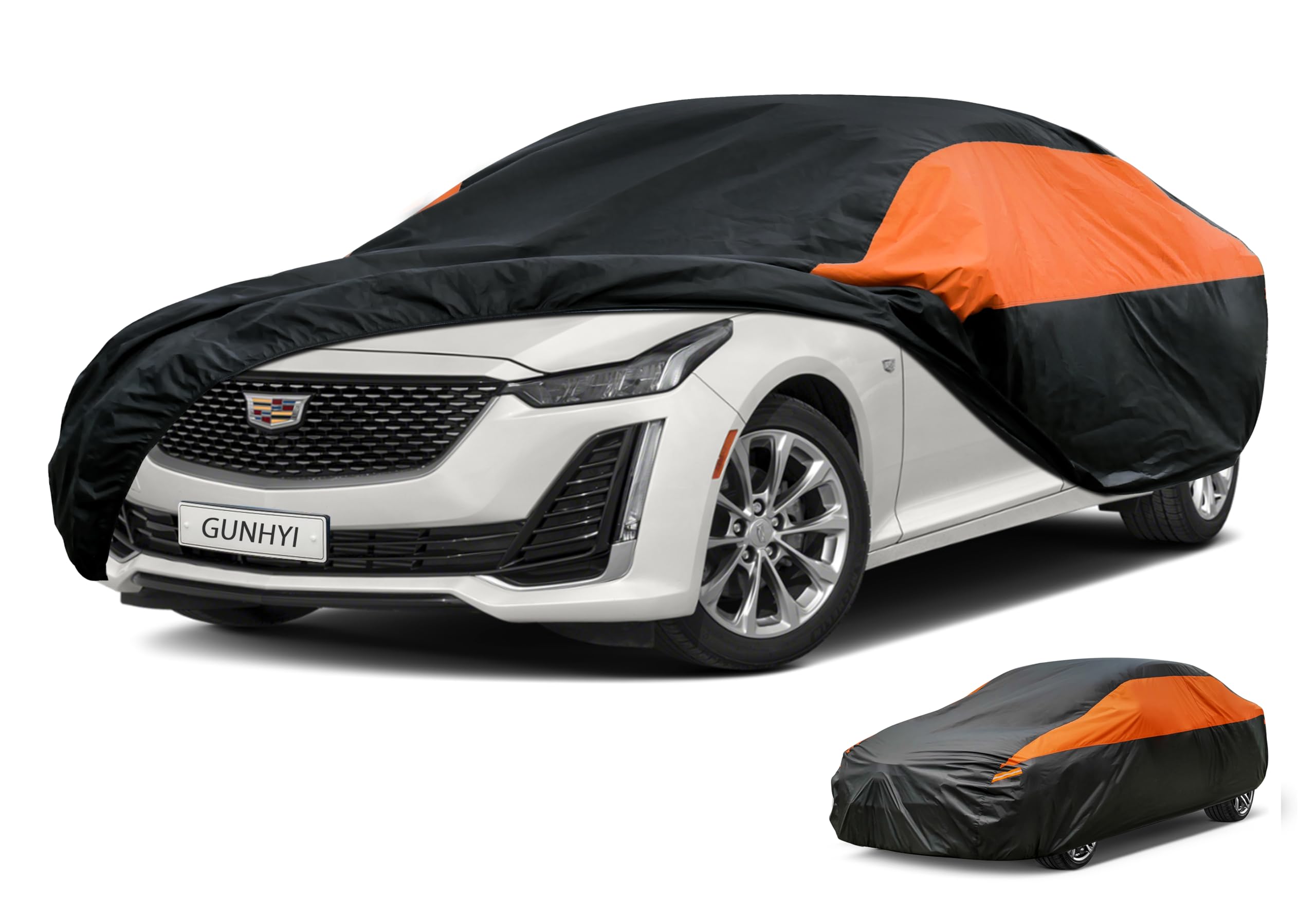 GUNHYI Waterproof Lightweight Sedan Full Car Cover Custom Fit Cadillac CT5 | All‑weather Outdoor sun/rain/dust/snow/wind/UV protection, breathable tear‑resistant fabric, black‑orange design,storage bag