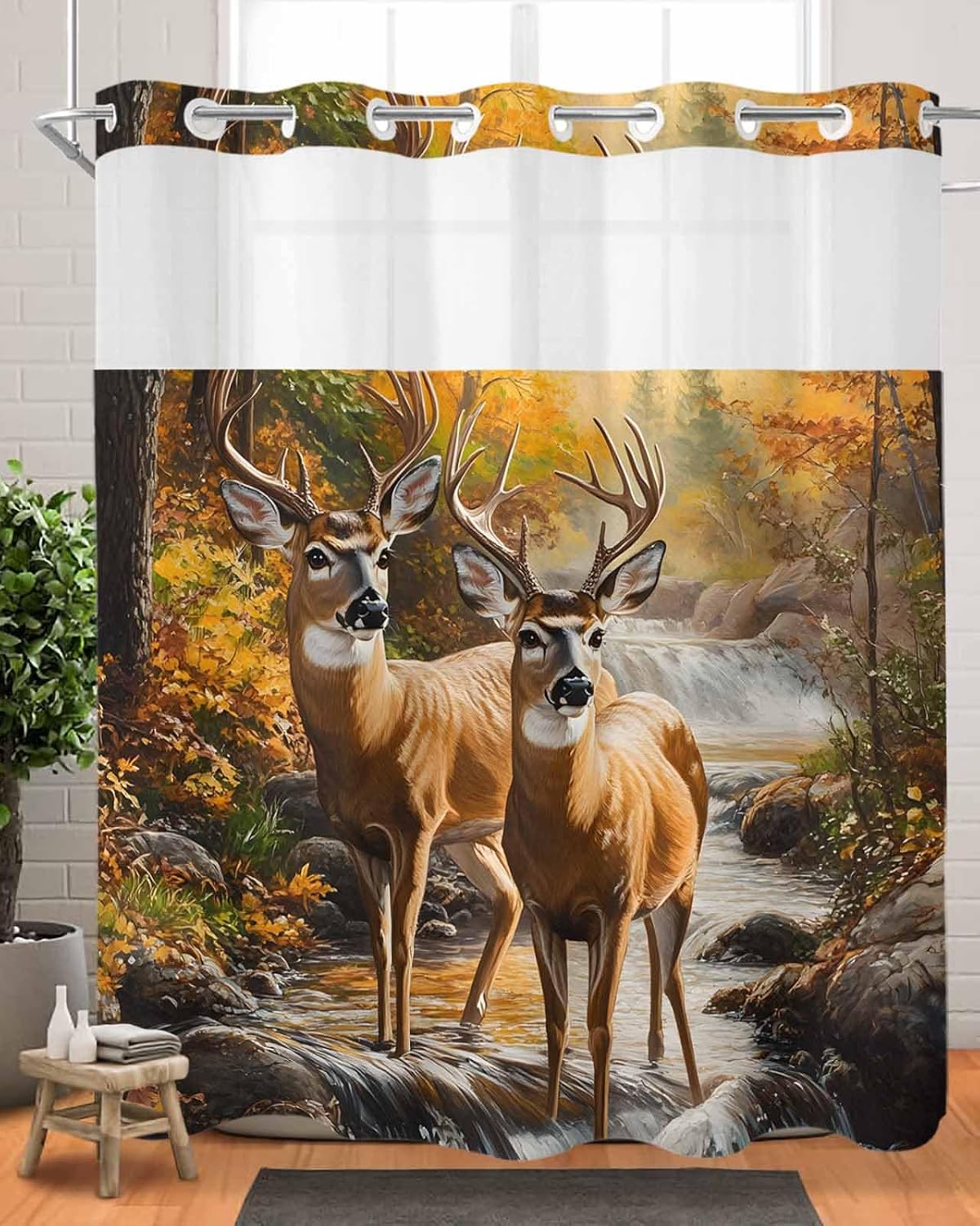 Prime Leader No Hook Shower Curtain with Snap in Liner Nature Scenery Forest Animal Deer Waterfall Plant Shower Curtain for Bathroom, Fabric Waterproof Inner Liner with Mesh Top Window, 72x72
