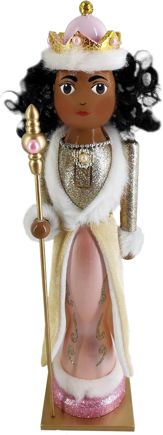 Nutcracker Ballet Gifts, Nutcracker Christmas Ornaments, Wooden Figure Decoration with Rose Gold Glitter Uniform for Holiday Home Decor, 14 Inch, African American Nutcracker Queen