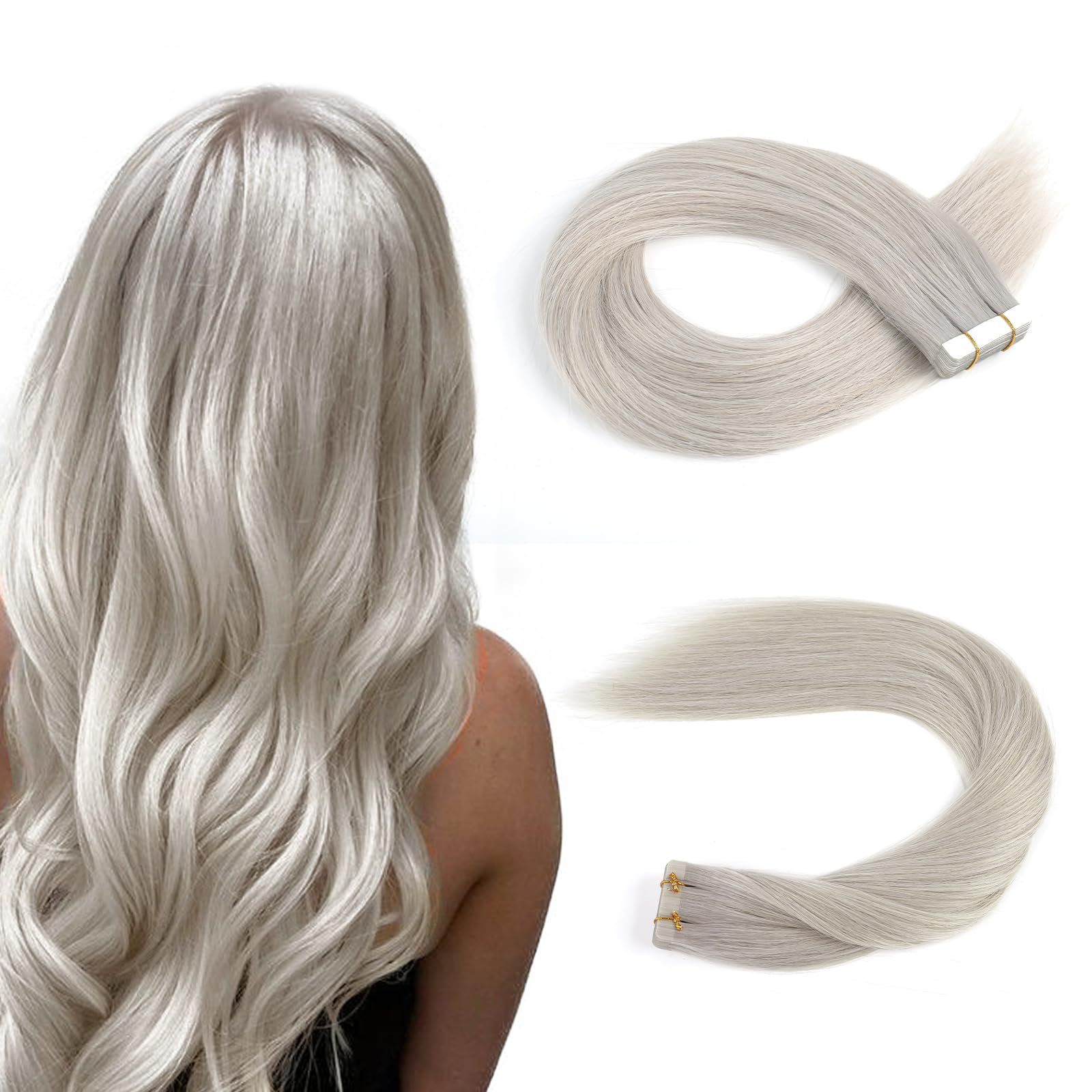 Sassina Semi-permanent Tape-in Extensions Human Hair 18 Inch Double-sided Reusable Skin Weft Remy Hair Extensions Silver Gray Tape Attached 50 Gram 20