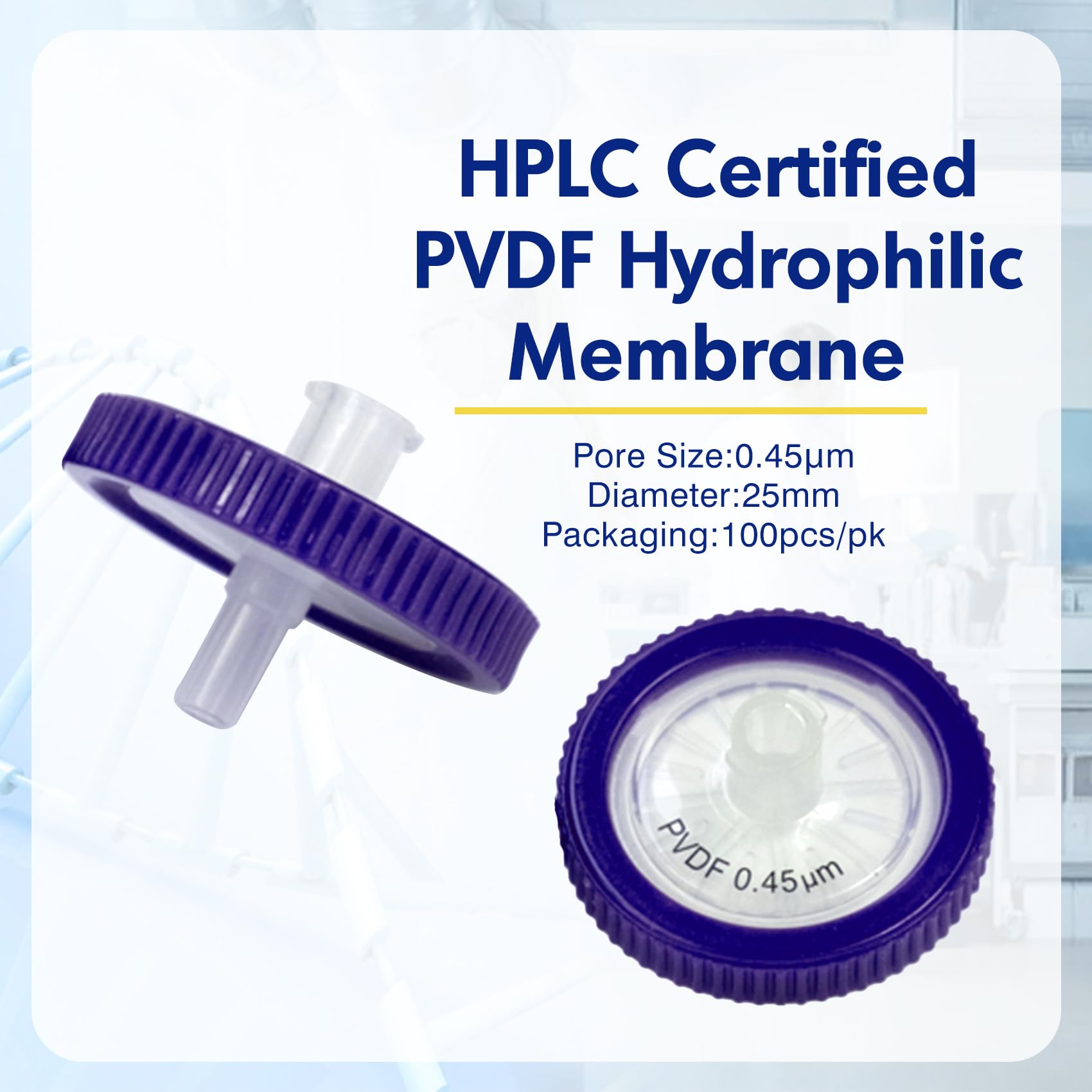 Filtre à Seringue PVDF Membrane Hydrophile 25mm Diamètre 0.45 μm taille des Pores, HPLC et GC Filtre à Aiguille, Filtration de Laboratoire à Haut Débit pour Biomed Scientific