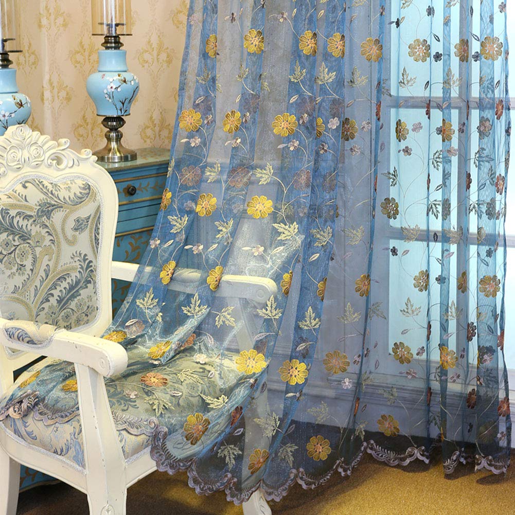 Voile floral rideau bleu de fenêtre tulle broderie salon