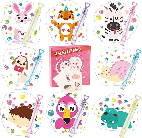 Cartas de San Valentín para niños  32 mini varitas de burbujas + 32 cartas de San Valentín para niños, 8 lindos diseños de animales, para la