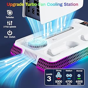PS5 Cooling Station and PS5 Stand with RGB Controller Charging Station for PlayStation 5 Console, Controller Charger, Cooling Stand, PS5/Slim/Pro Accessories Kit with 3 Level Cooler Fan