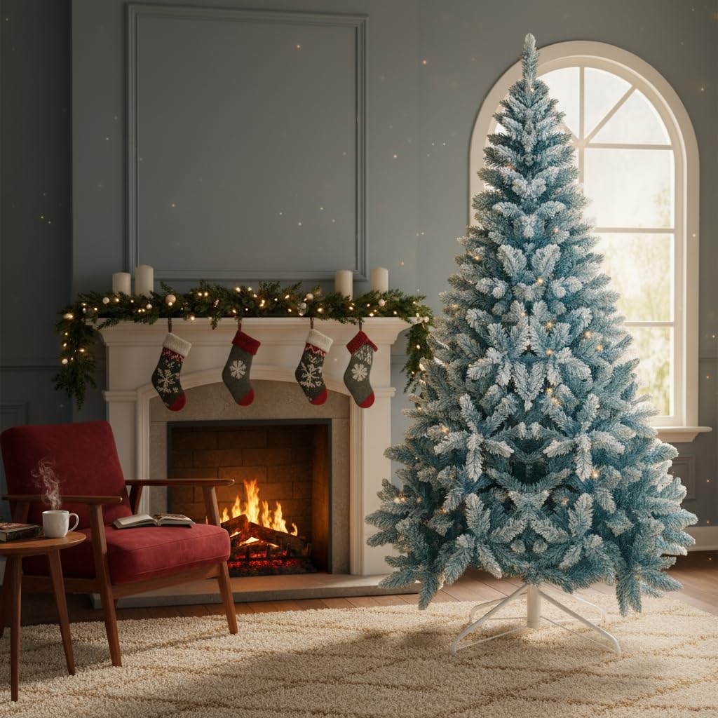 Sapin de Noël Artificiel floqué Bleu de 2,1 m avec Support en métal Pliable 1084 Branches articulées pour décoration de Maison