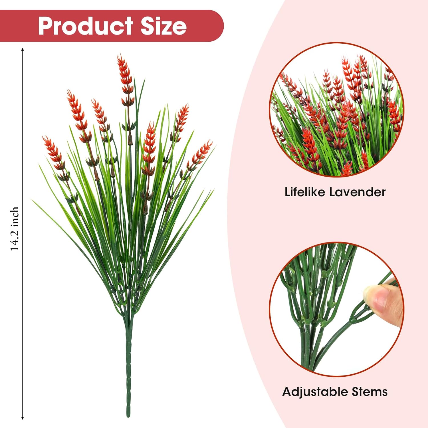 Bassion Artificial Flowers for Outdoors, 24 Bundles Fake Lavender Flowers UV Resistant Red Plastic Plants Faux Monkey Grass for Home Porch Garden Window Box Indoor Outdoor Decorations