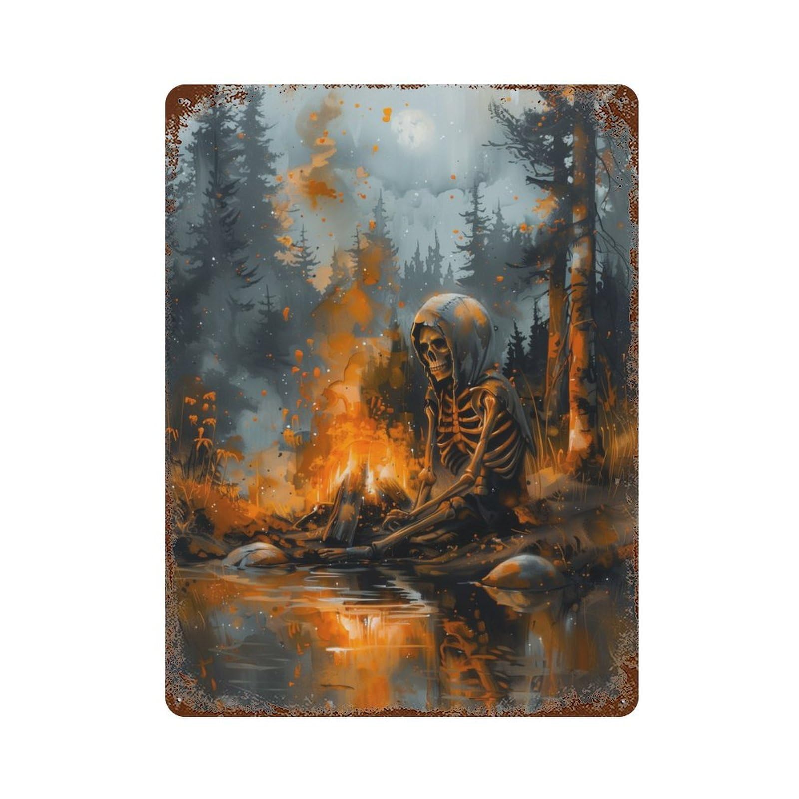 Skeleton by The Fire Decorative Tin Sign 15.7"x11.8", Ideal for Basement, Hobby Room And Garage Decor