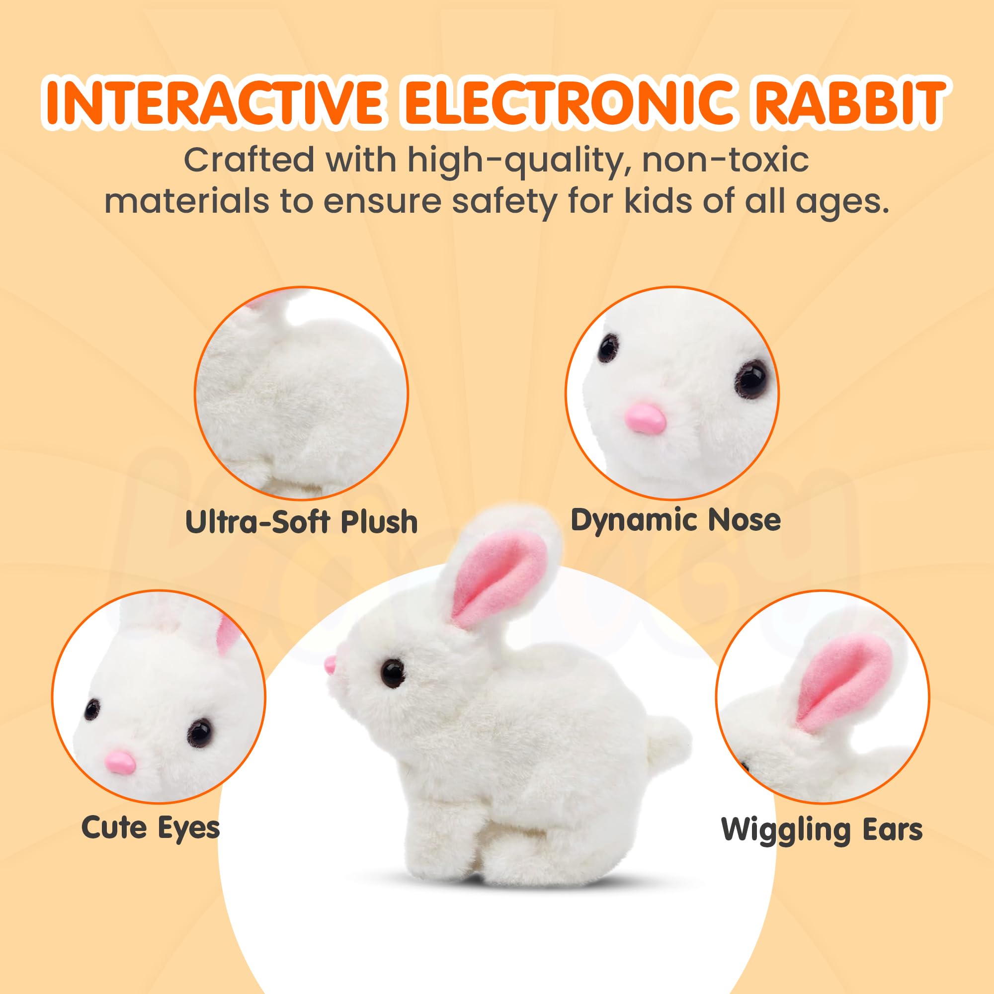 Kidology Electronic Bunny Toy for Kids | Hopping & Jumping Rabbit with Moving Ears, Nose & Tail | Soft Plush Animal Toy for 1-5 Year Olds | Interactive Walking Toy | Gift for Boys & Girls - Image 6 thumbnail