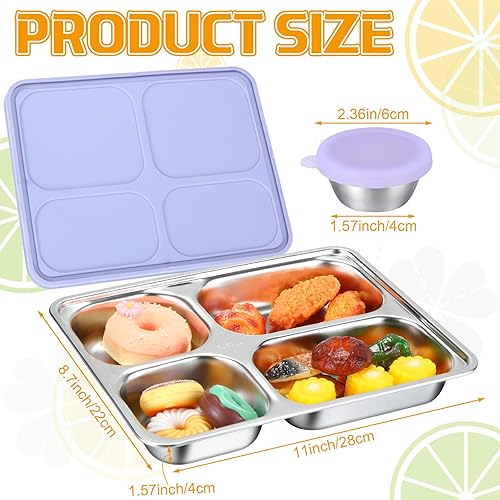 Miniatura 2 de Layhit Juego de 6 cajas de almuerzo de acero inoxidable y recipientes de inmersión para niños, 3 piezas, 4 compartimentos, caja Bento de metal a