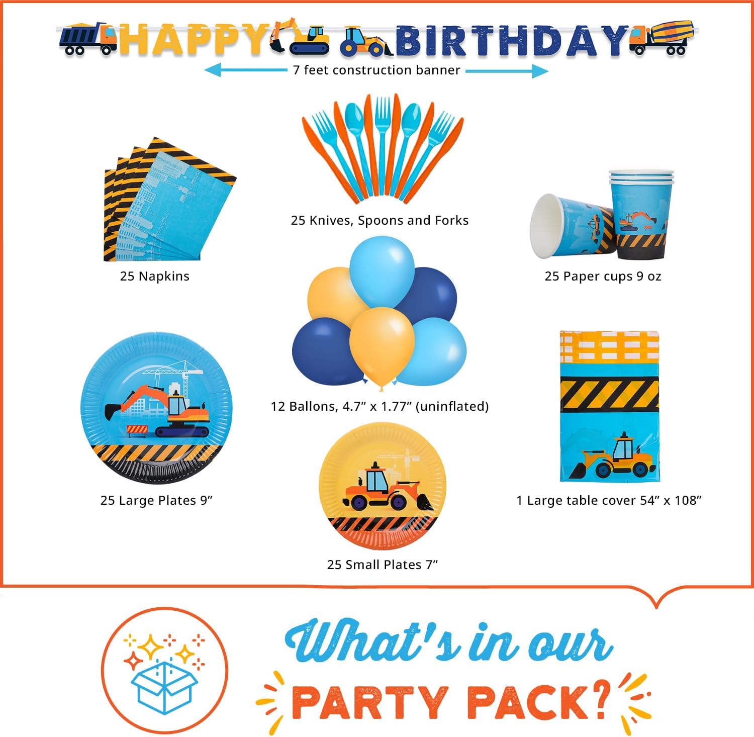 Construction Birthday Party Supplies Set - Dump Truck Car Tractor Decorations – Cups Plates Signs Napkins Tablecloth – Decorations for Boys and Girls, Toddler, Kids – Serves 25, 139 PCS
