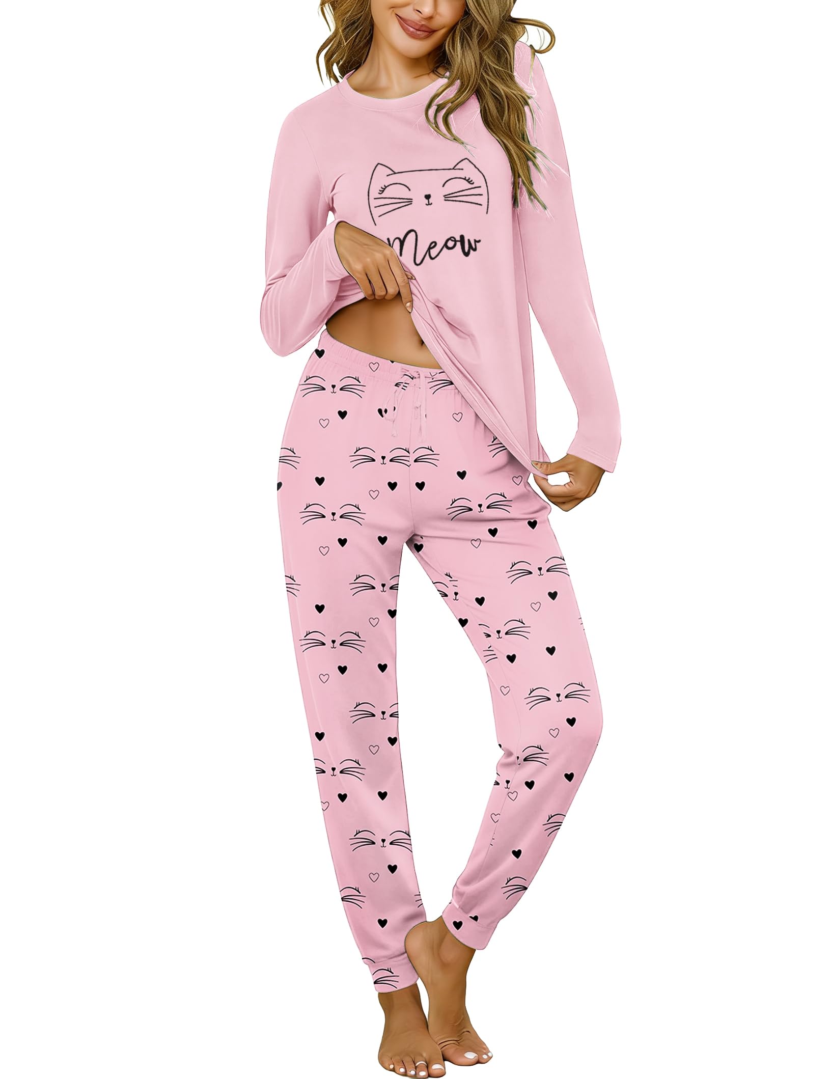 Sykooria Pajama Sets for Women 2 Piece Sleepwear Pj Set Long Sleeve Top & Cute Print Jogger Pants with Pockets