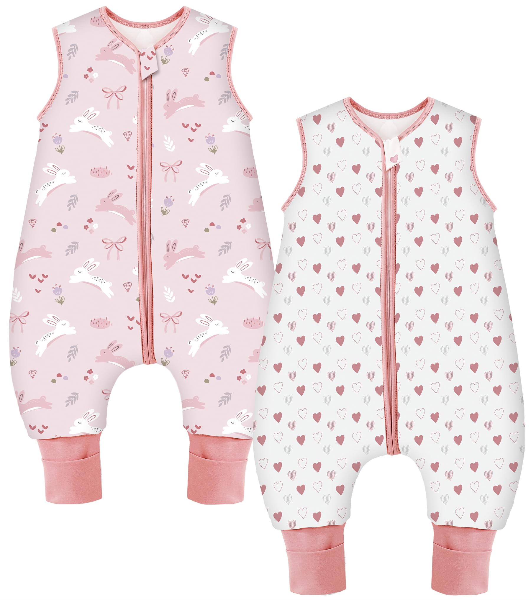 Sacco nanna invernale con piedi, in cotone, 2,5 Tog, per bambini, con gambe, 2,5 tog, cuore + coniglio, 70 cm, altezza bambino 80-90 cm
