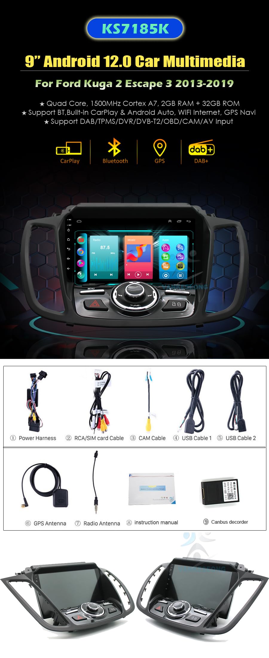Für Ford Kuga Escape 2013-2019 8 Core 9" 32GB Android 12 Autoradio DAB+ CarPlay Navi GPS HD Touchscreen Bluetooth WiFi FM RDS Lenkradkontrolle DSP USB