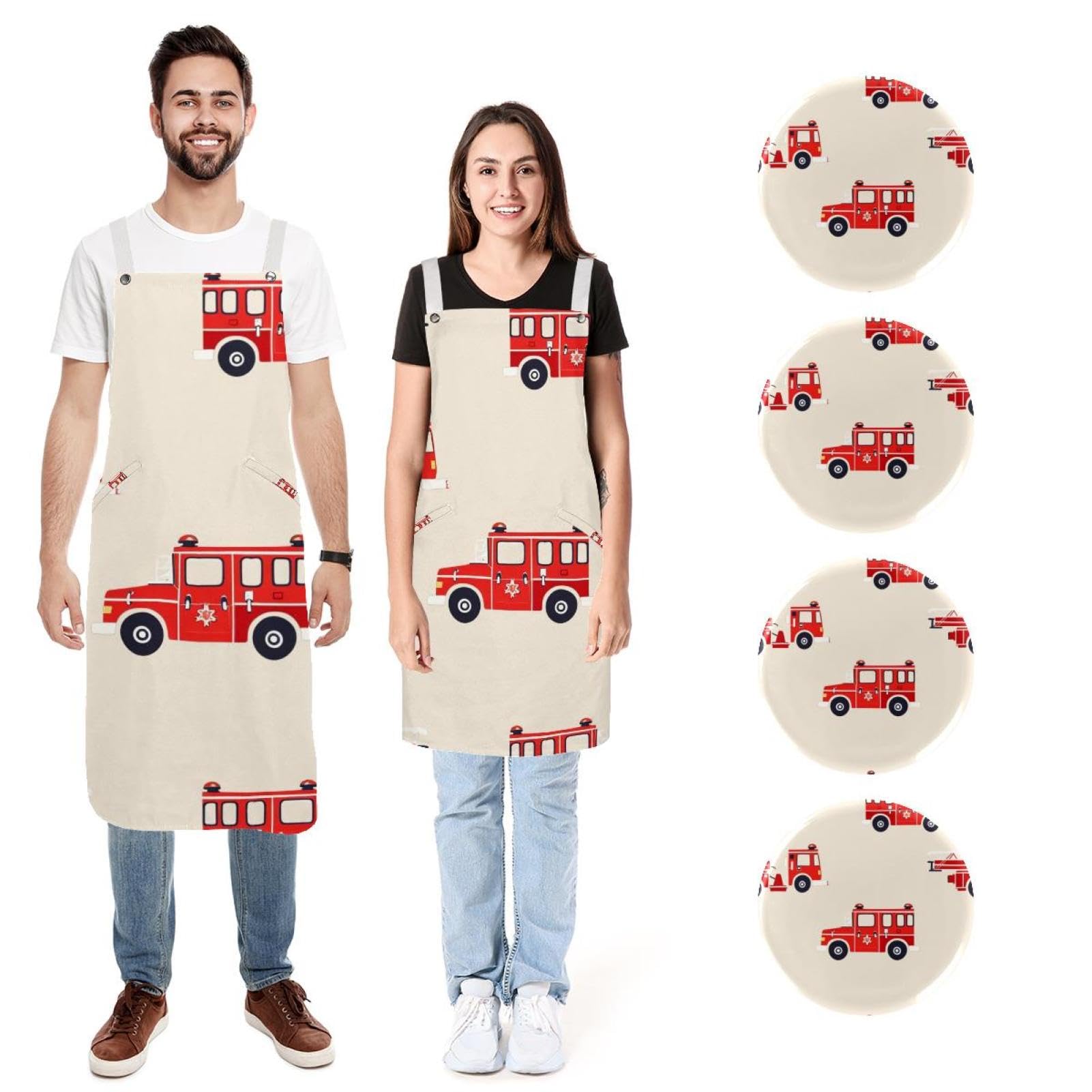 Tablier de cuisine camion de pompiers anti-taches avec 2 poches - 7