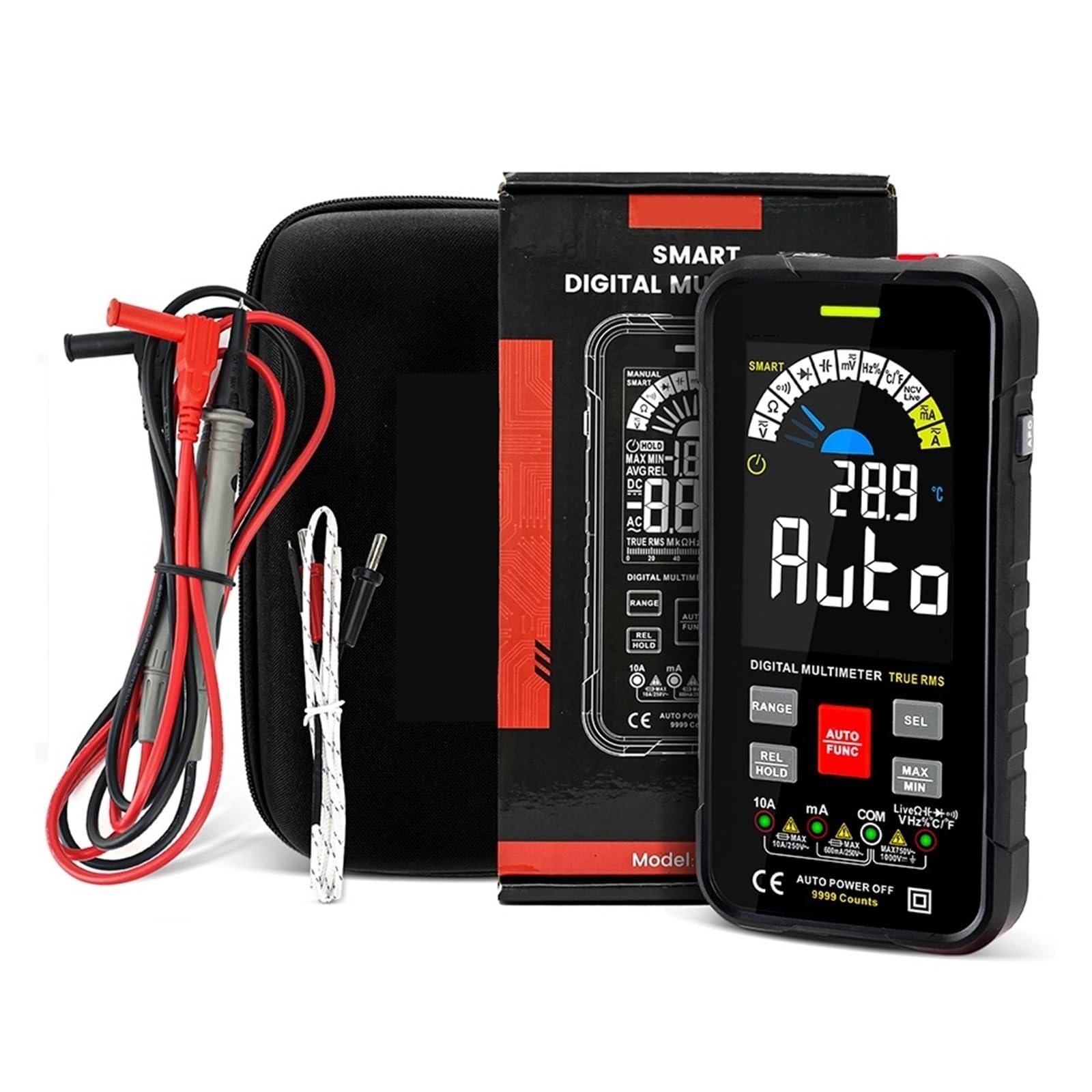 Inteligentny Multimetr 9999 Liczy TRUE Cyfrowy Smart Auto Zakres 1000V 10A Miernik Testowy Ohm Pojemność REL True AC DC DMM Szybko Dokładnie Łatwy Odczyt(Black)