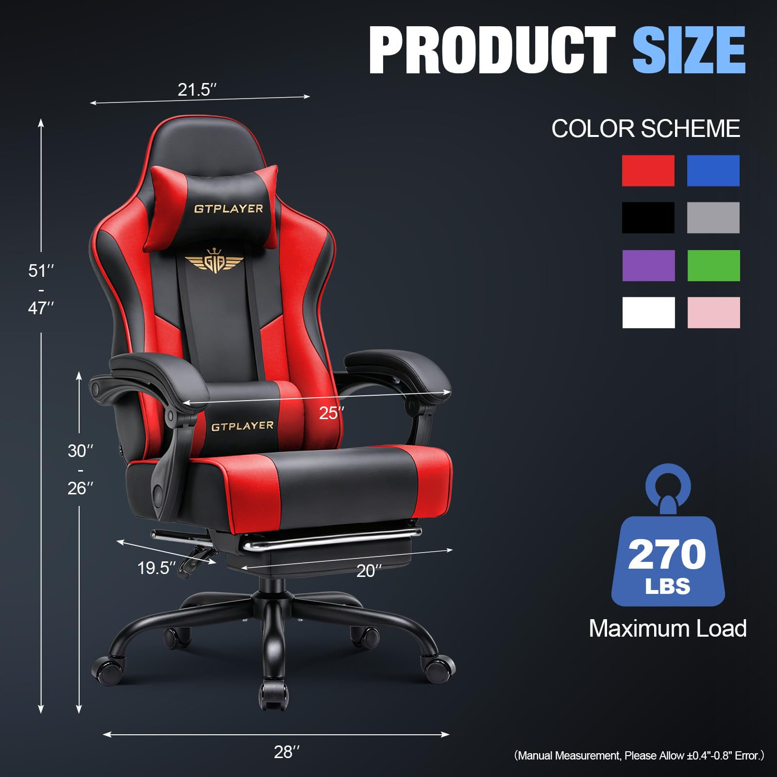 GTPLAYER Gaming Chair for Adults Computer Chairs with Footrest Headrest and Lumbar Support Ergonomic Height Adjustable Reclining PC Chair - Image 3