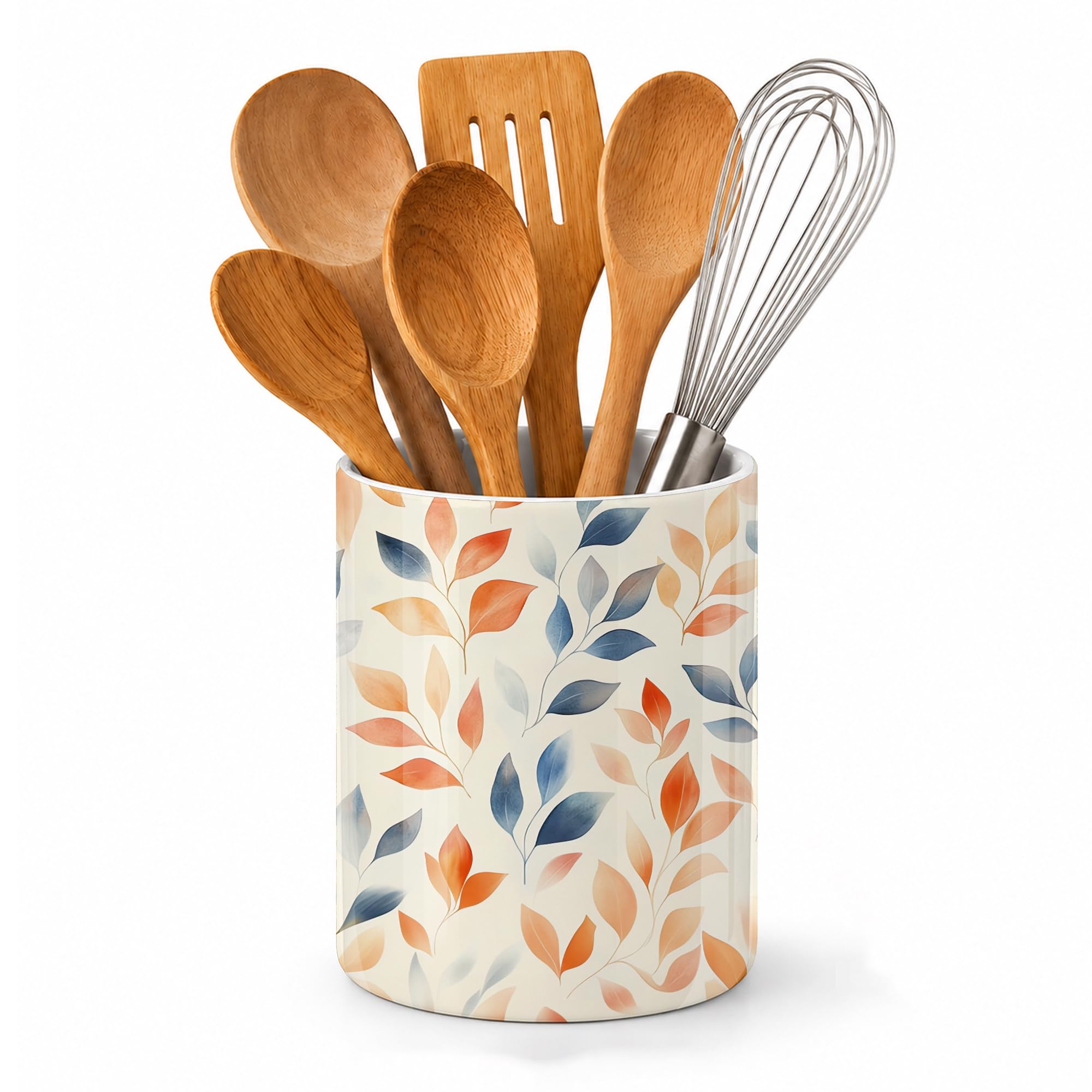 Axxitude Autumn Leaves Ceramic Kitchen Utensil Holder For Countertop, Large Utensil Crock For Kitchen Counter,Cooking Utensil Organizer For Spatulas,Spoons
