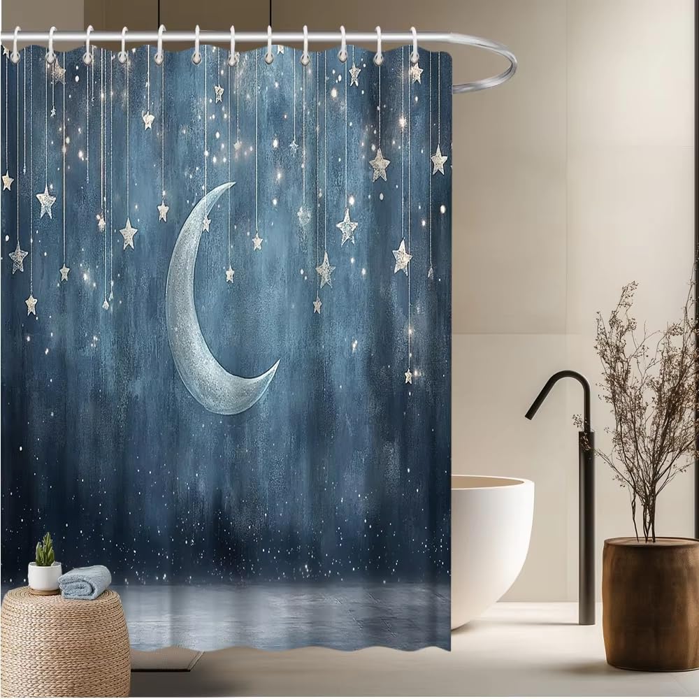 Rideau de douche ciel nocturne bleu et gris 140x145 cm avec crochets inclus