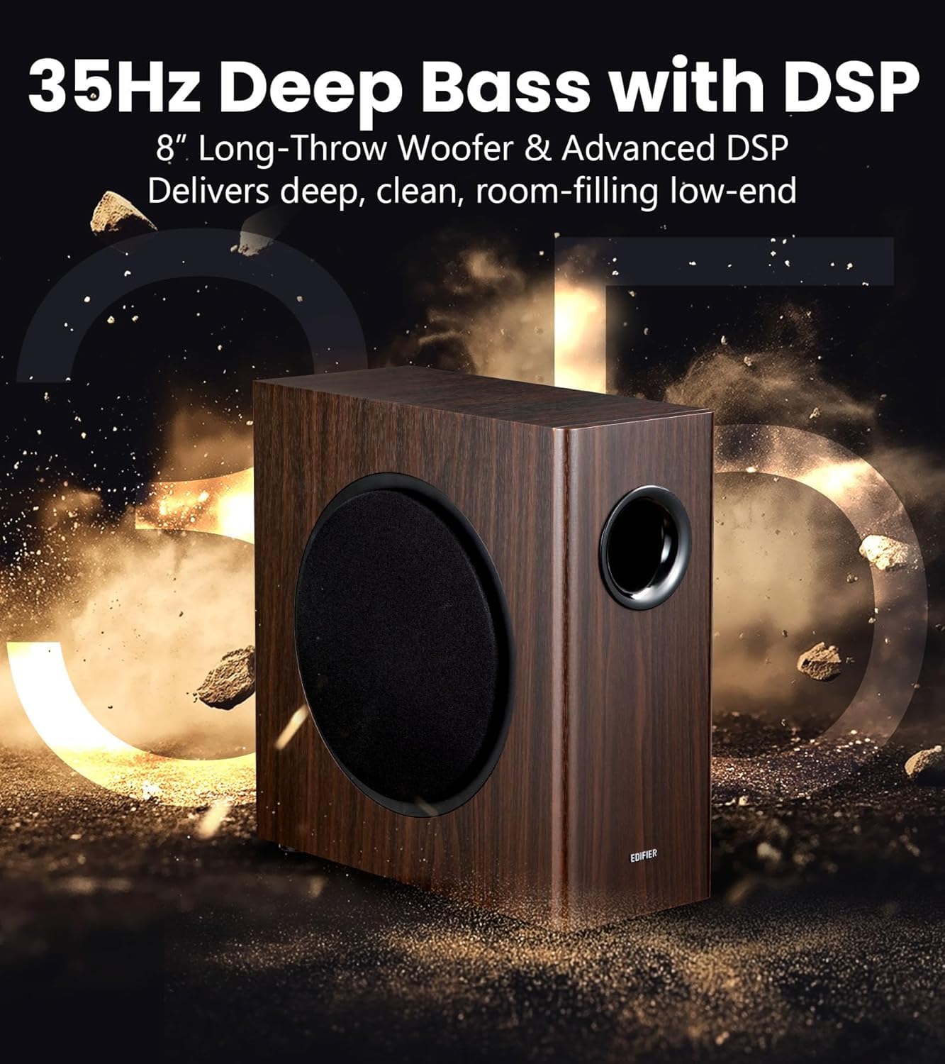 Edifier T5s Active Subwoofer – woofer de 8 pulgadas – 70 W – Filtro de paso bajo – Frecuencia hasta 35 Hz – Carcasa MDF para reducir la resonancia – En espera – Conectores RCA – Diseño atemporal