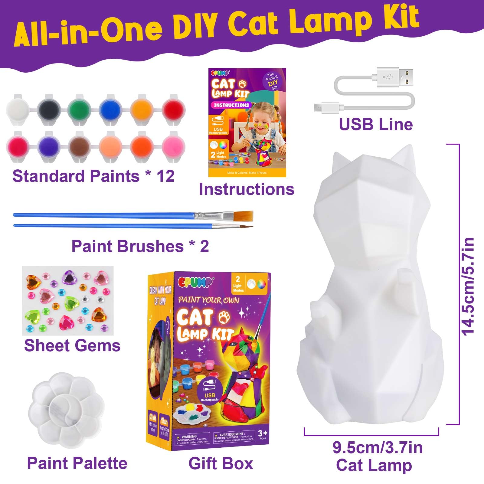 EPUMP Luce Notturna a Forma di Gatto Ricaricabile (1200 mAh) con 2 Modalità di Luce – Kit Creativo DIY da Dipingere, Gioco da Pittura e Regalo per Bambini da 5 a 12 Anni