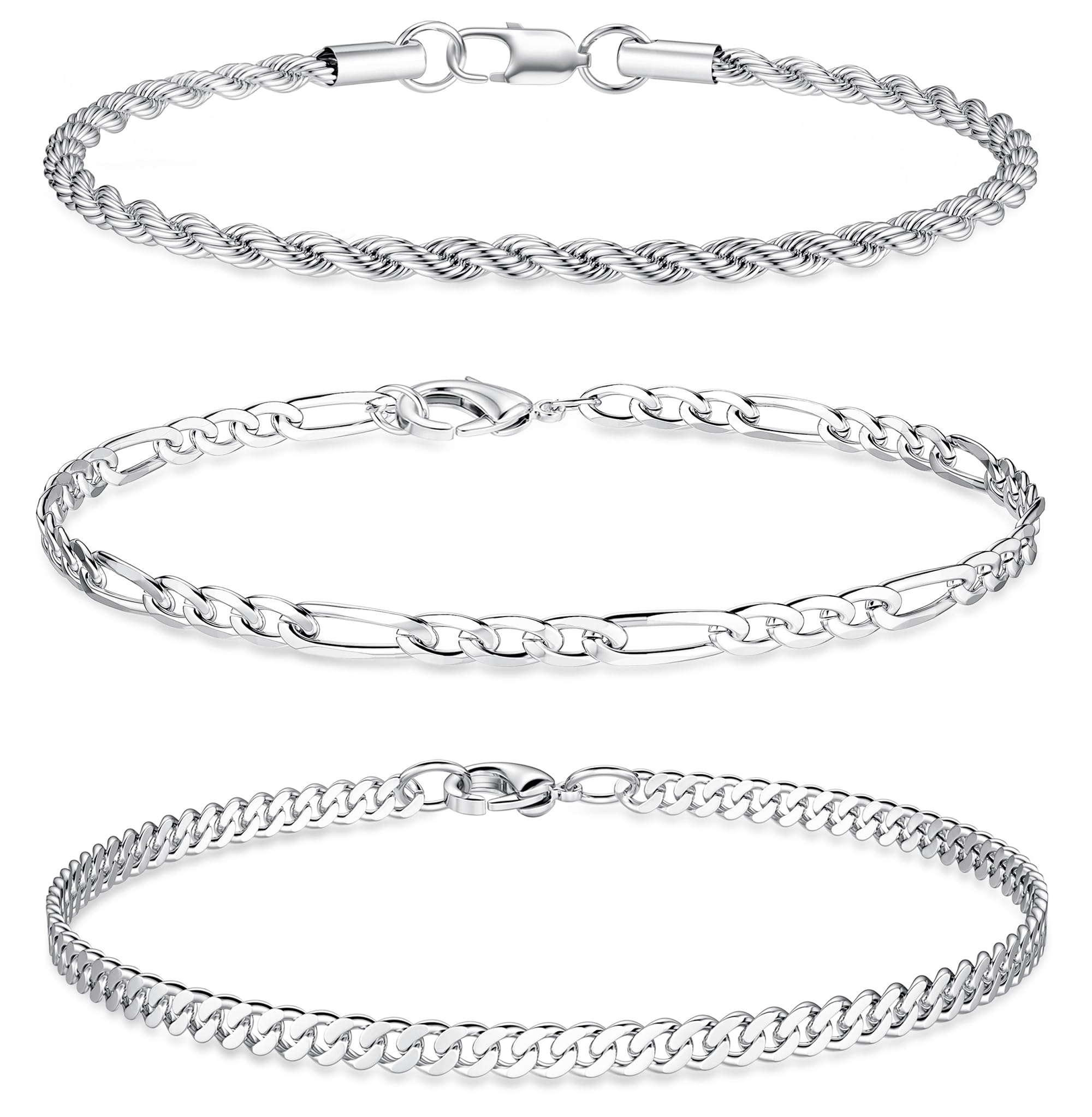 JeweBella 3 Piezas Pulsera Hombre Acero Inoxidable Plata Oro Pulseras Cadena Figaro Cuerda Apilable Robusto Duradero Regalos Joyería para Papá Esposo Hijo Regalo Aniversario Hombre 19/21/23CM