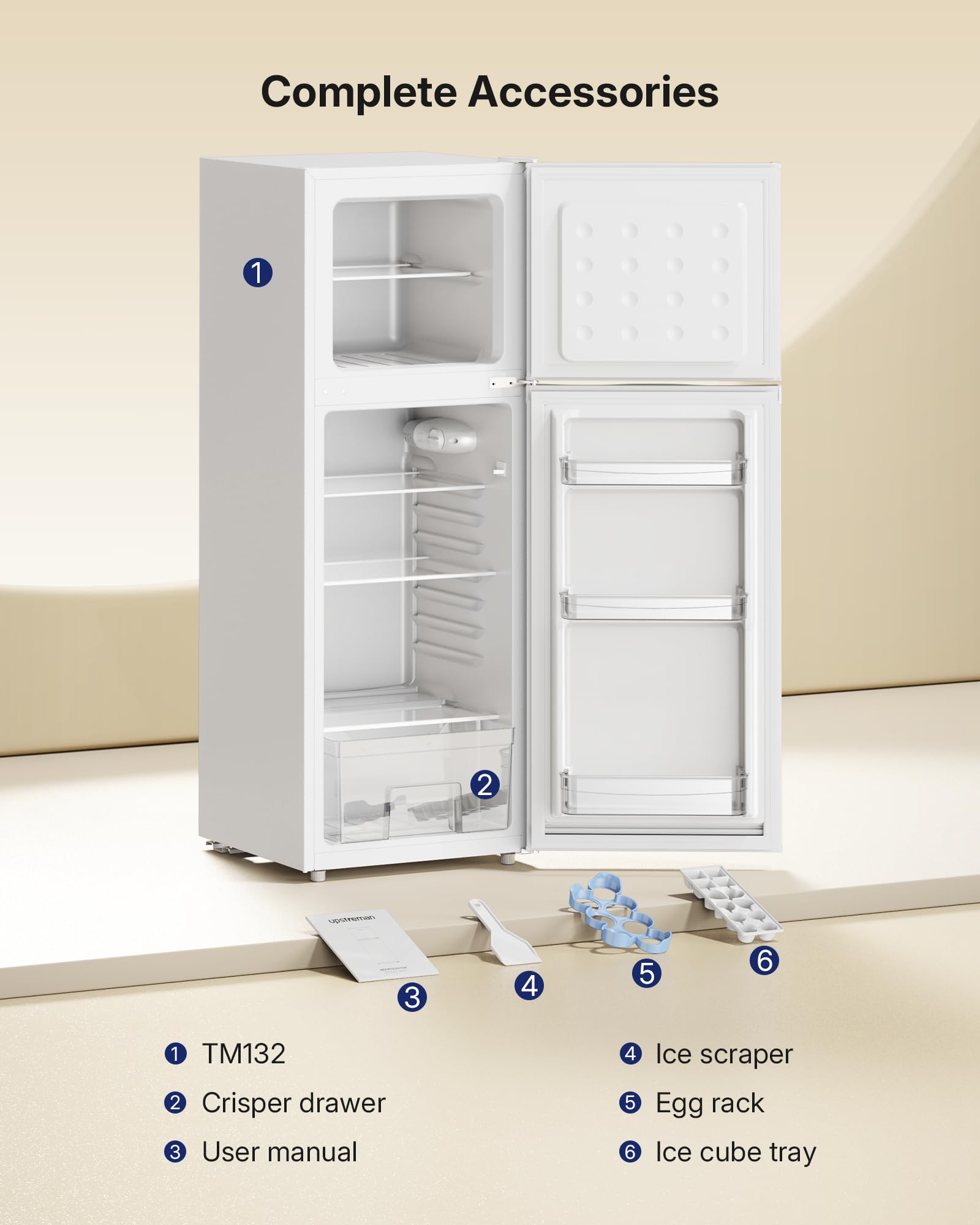 Upstreman 132L Fridge Freezer 70/30, 98L Refrigerator with 34L 4-Star Freezer Compartment on Top, 39dB Quiet Operation and LED Lighting, Refrigerator for Kitchen/Office/Apartment, TM132-White — view 7