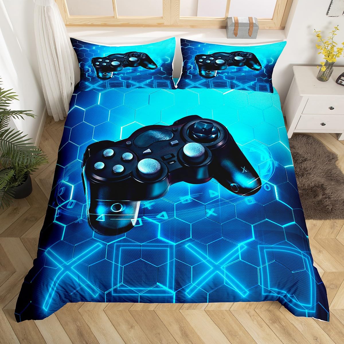 Gaming Duvet Cover Children Gamer Blue Video Game Bedding Set 135 x 200 cm Honeycomb Console Game Decoration Bedroom Set Geometric Hexagon with 1 Pillowcase