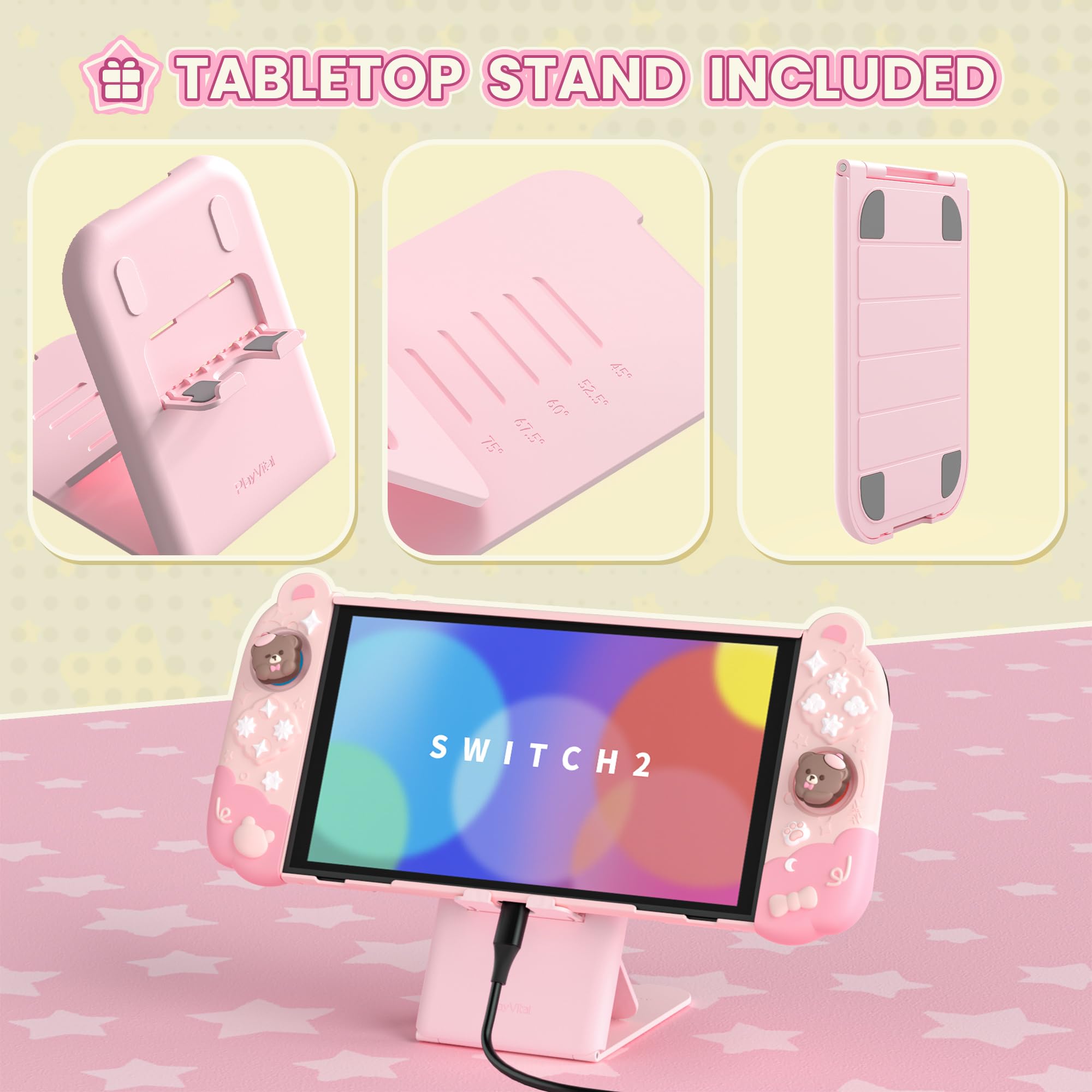 playvital Cover Dockable Rigida per Nintendo Switch 2 Console, Custodia Protettiva Silicone per Joycon 2&Supporto Regolabile Extra&Copri Analogici, Accessori Carini, Buonanotte Orso-Rosa