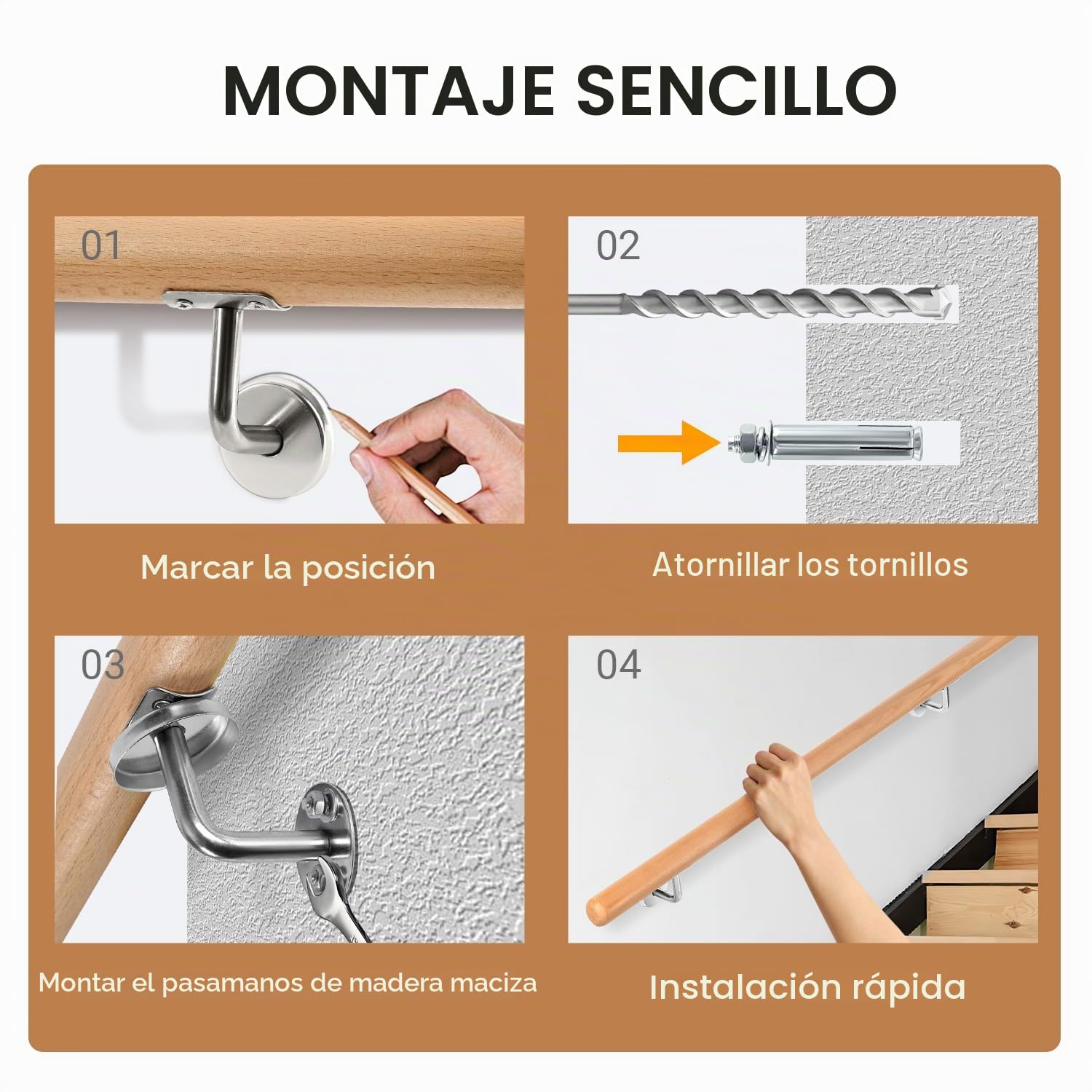 Ikodm Barandilla para escaleras, madera de haya, 100 cm, diámetro de 42 mm, barandilla para escaleras, pasamanos de pared, montaje lateral con soportes de pared, material de montaje