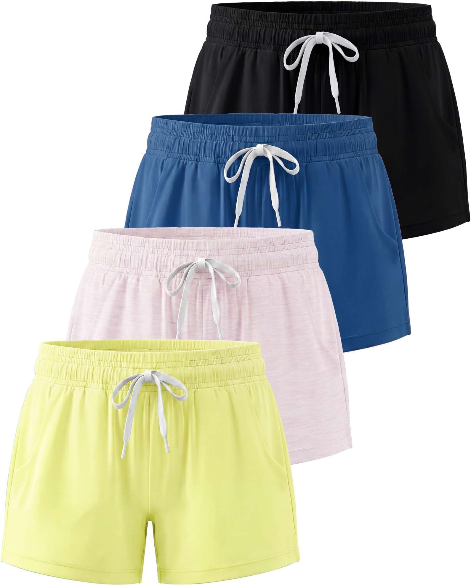 4 pack: athletic performance running shorts for girls with drawstring and pockets