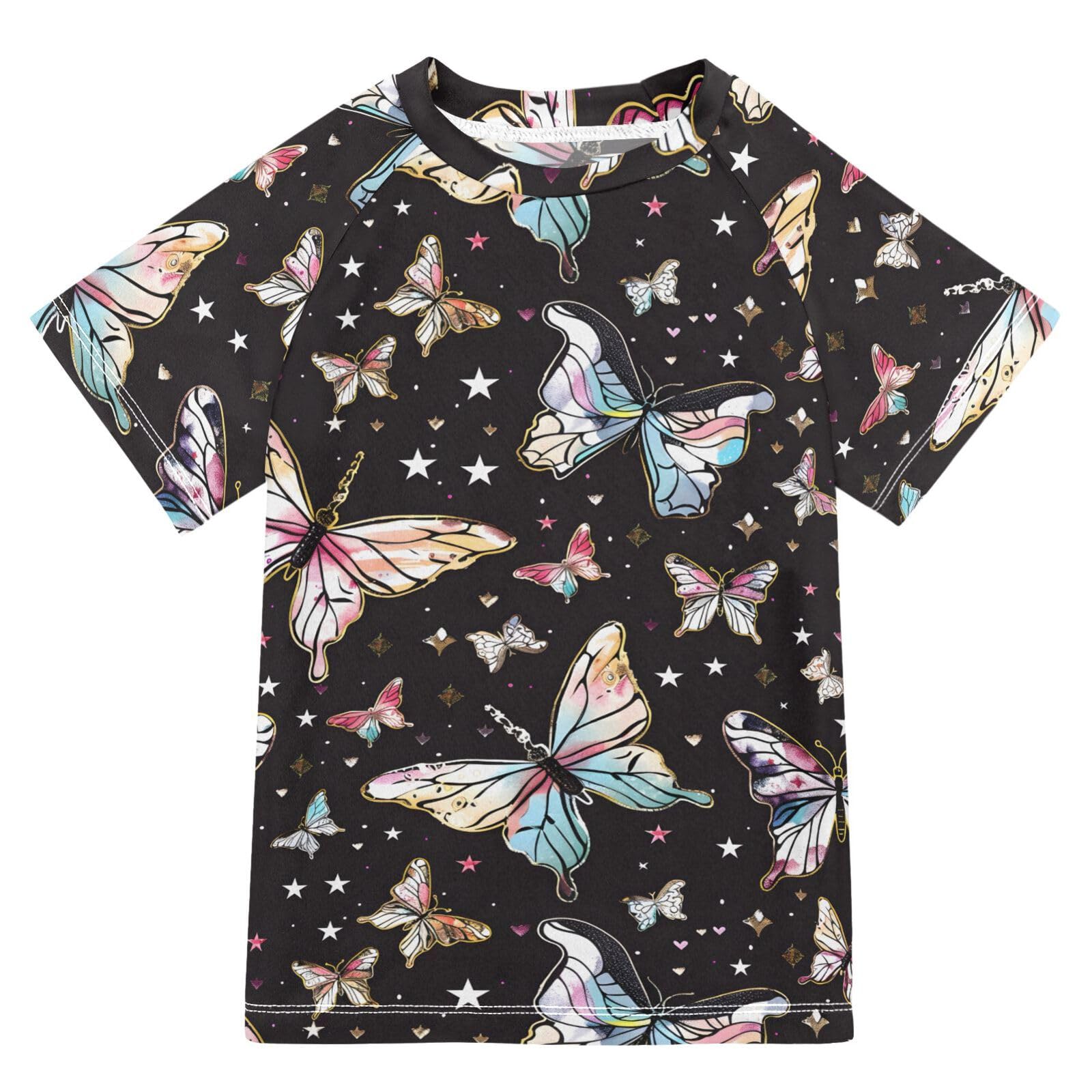 Boys Rash Guard Short Sleeve Swim Shirts for Boys Butterfly Dreamy Sun Protection 7-8T