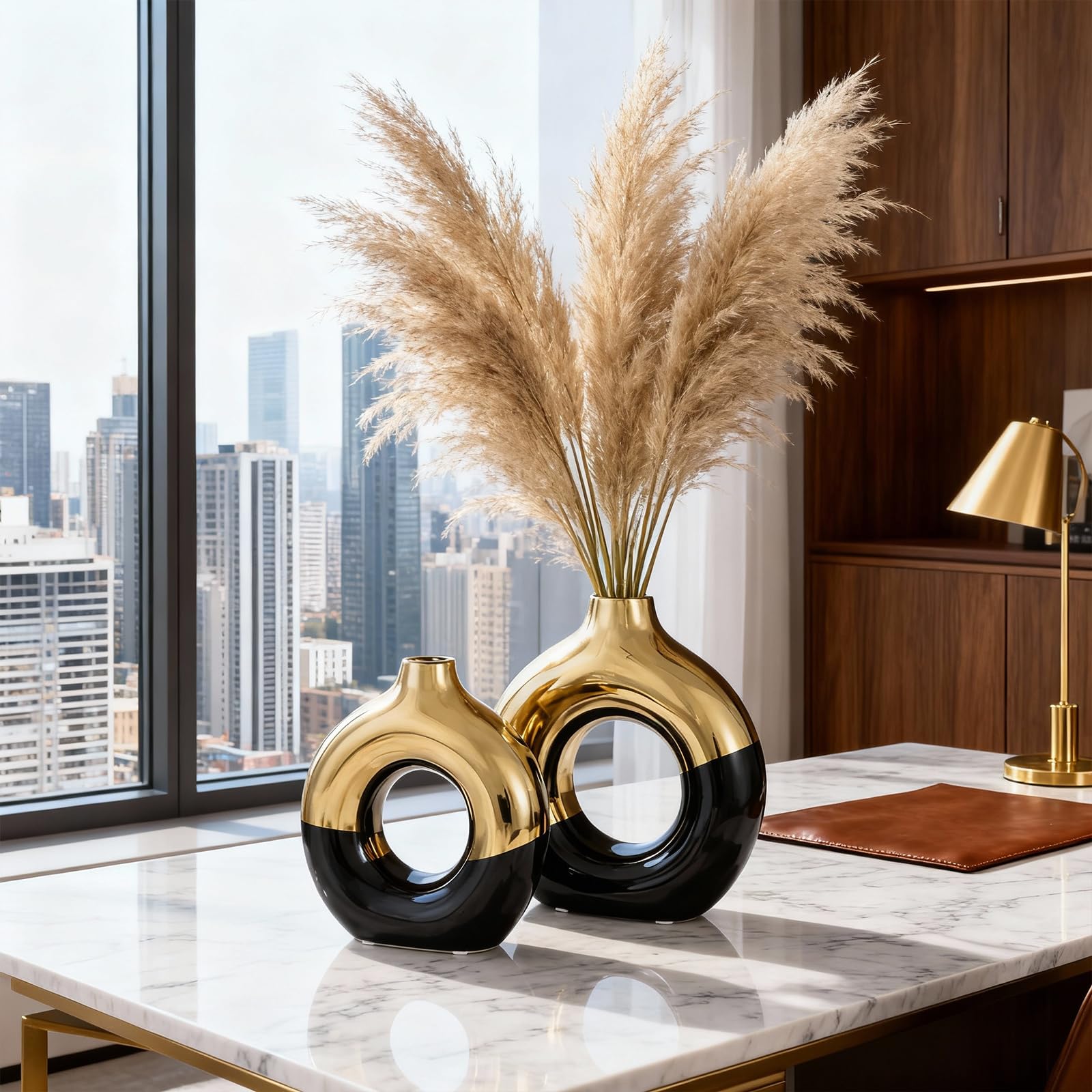 Schwarze und goldene Vase, Deko, Donut-Vasen, Set mit 2 Stück, runde Hohle Vasen, Moderne, Matte Keramikvasen für Eingangsbereich, Wohnzimmer, Schlafzimmer, Esstisch, Tafelaufsatz, Büro